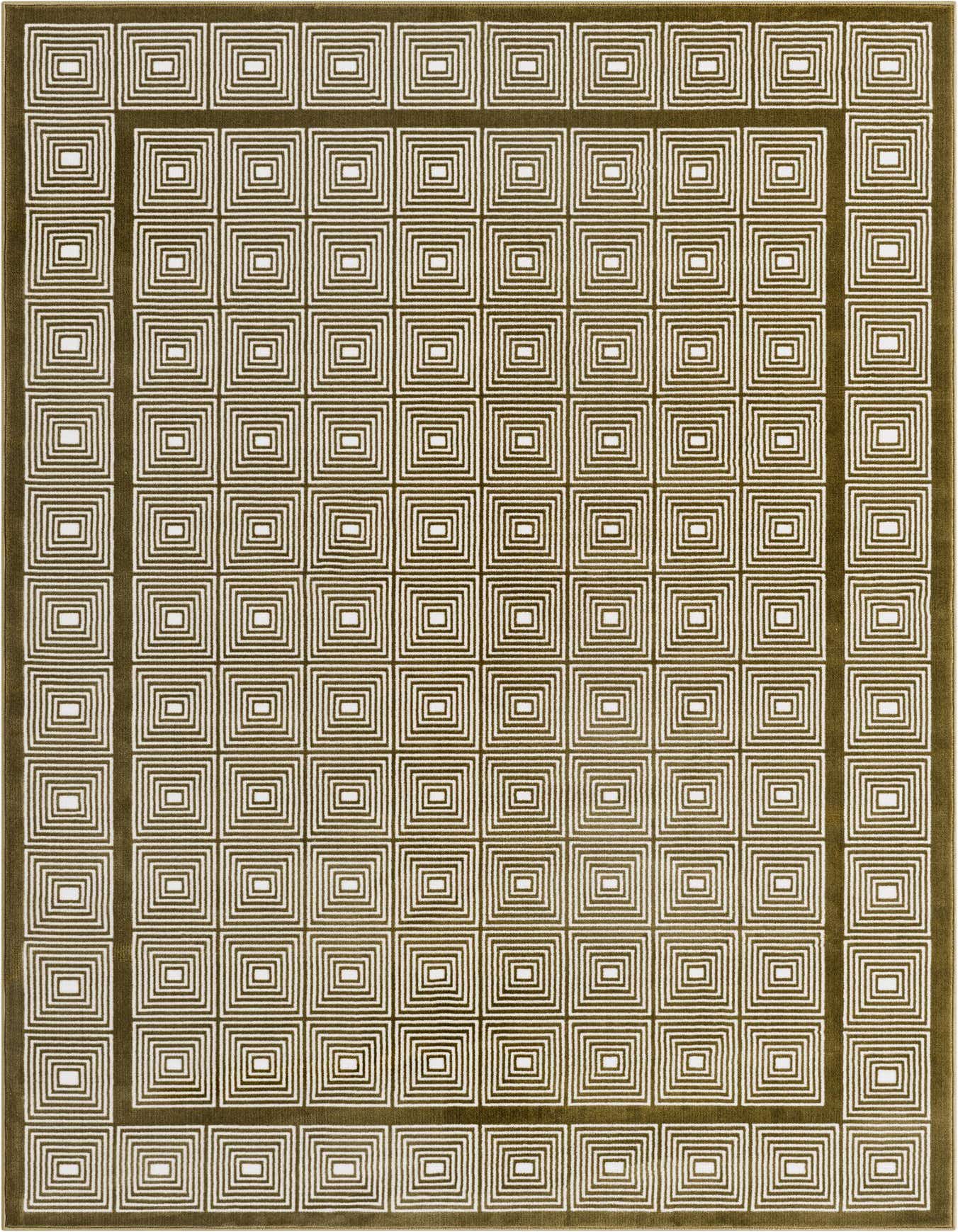 A 5x8 rectangular olive green area rug featuring a repeating pattern of concentric white squares, framed by a solid olive green border.