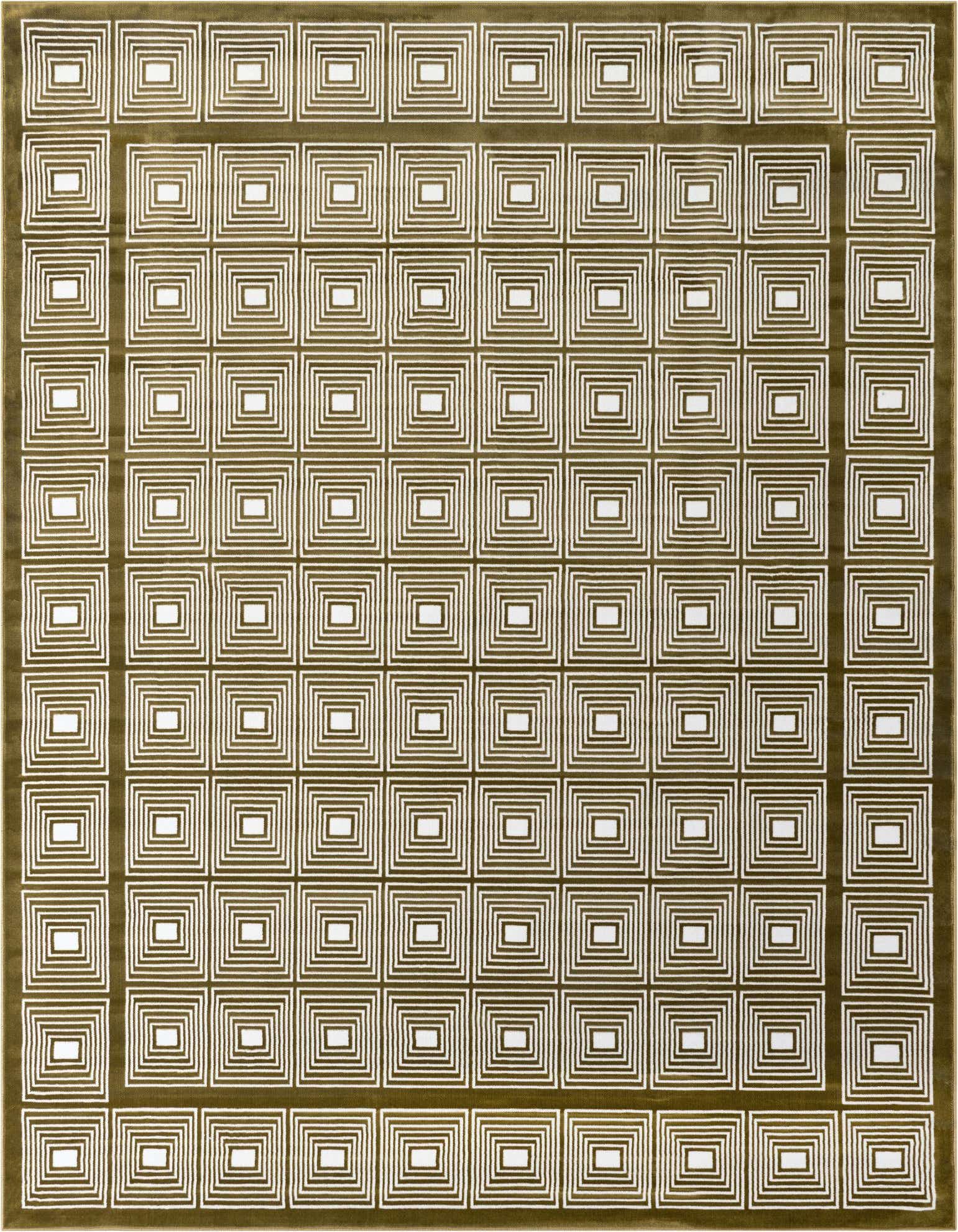 An 8x10 rectangular olive green modern rug with a repeating white concentric square pattern and border.
