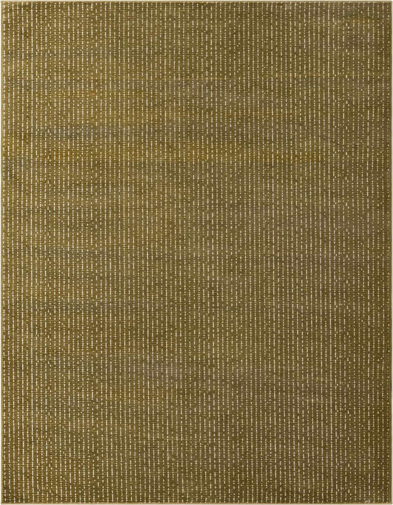 A 5x8 rectangular olive green area rug with a subtle textured pattern of short, dashed vertical lines.