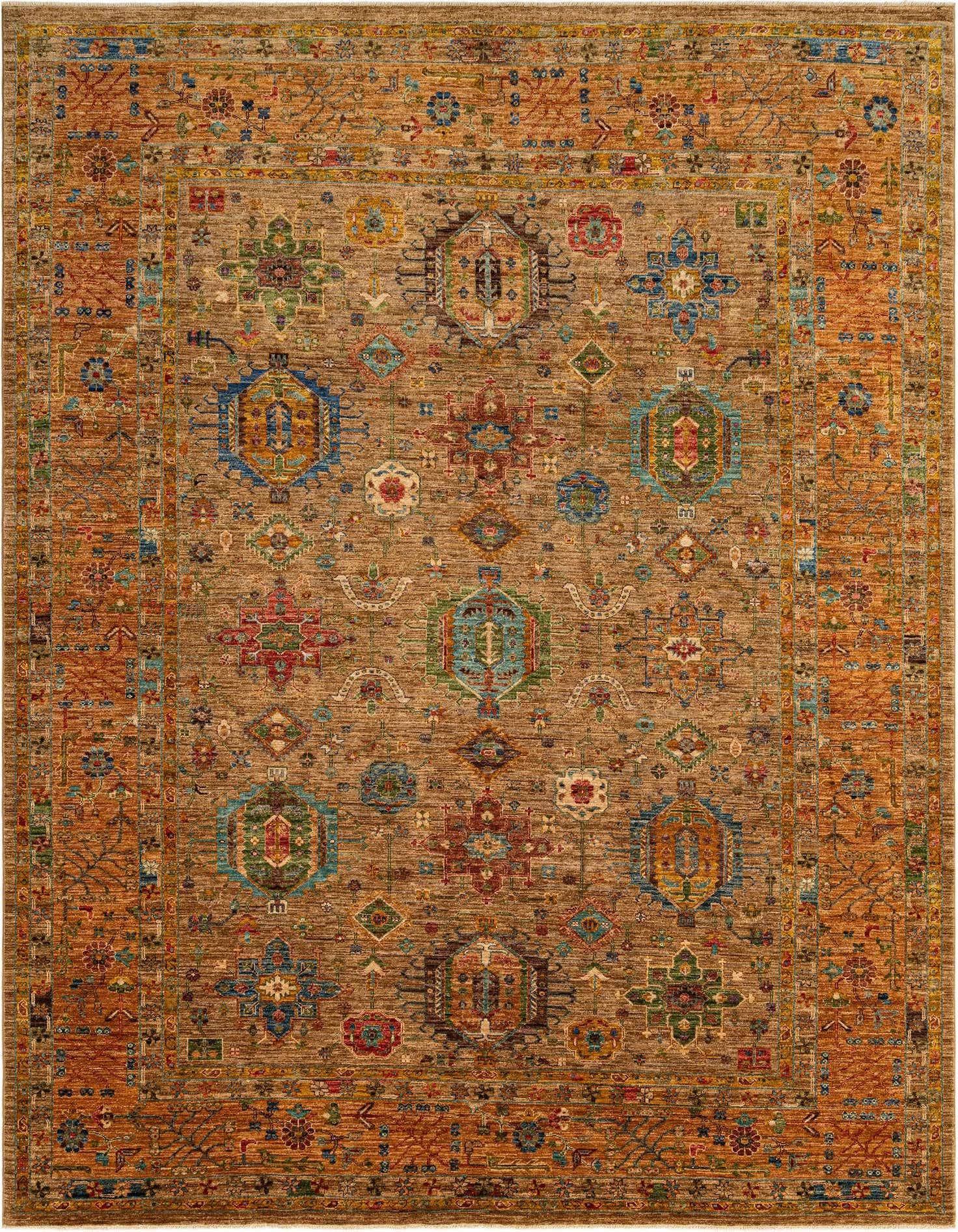 A rectangular handmade Persian rug in olive green with a complex, multicolored traditional pattern and a medium pile.