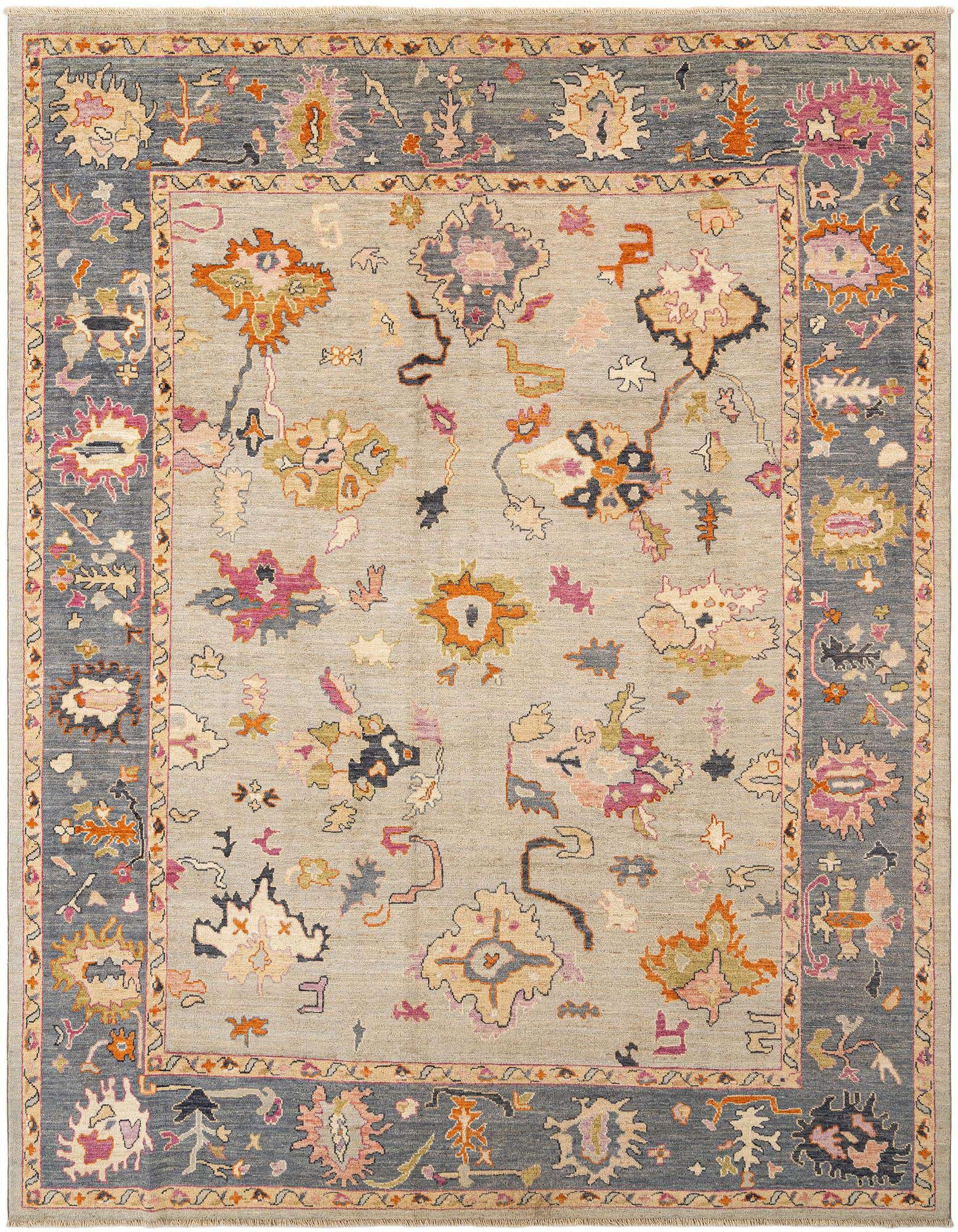 Handmade rectangular Oushak rug in olive green with a Persian pattern featuring colorful floral motifs and a dark border.