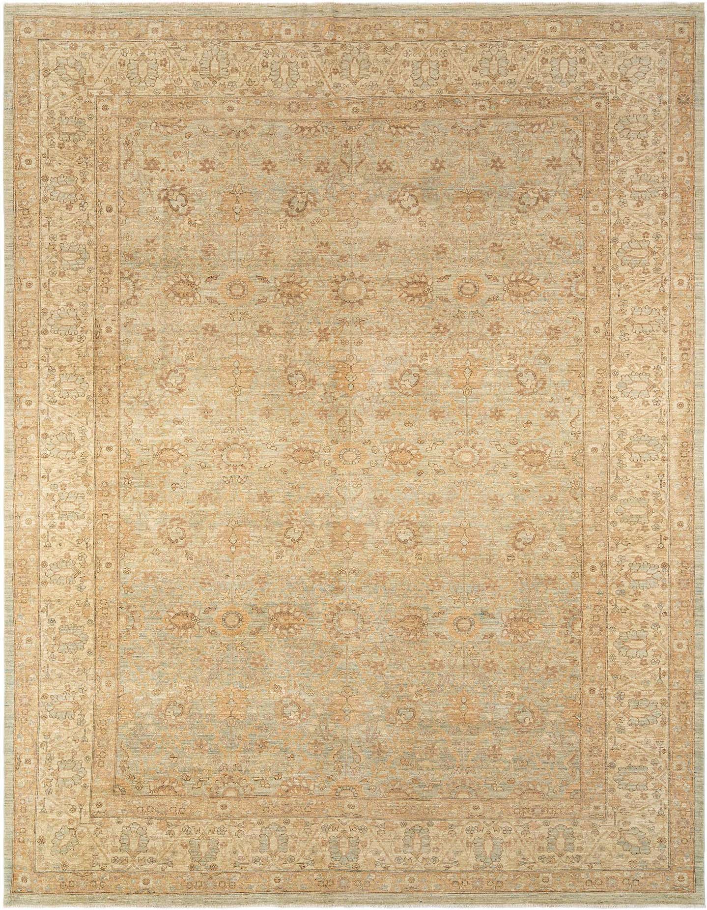 Rectangular olive green and beige Persian-style wool rug with intricate floral and medallion patterns, featuring a wide decorative border.