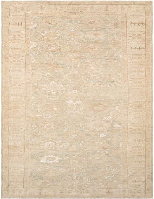 Handmade rectangular Ziegler rug in olive green wool, featuring a traditional Persian and Oriental pattern with a medium pile.