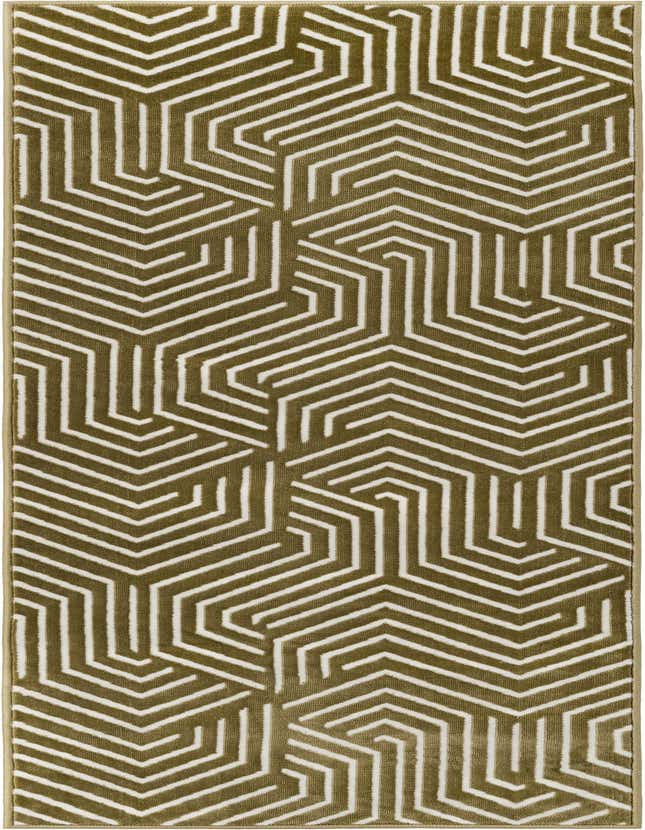 Olive green runner rug with a bold white geometric maze pattern, ideal for a hallway or kitchen.