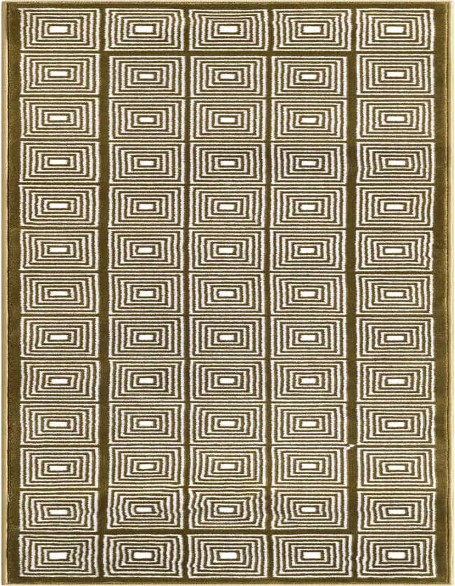 An olive green runner rug with a repeating pattern of concentric white squares, ideal for a hallway or kitchen.