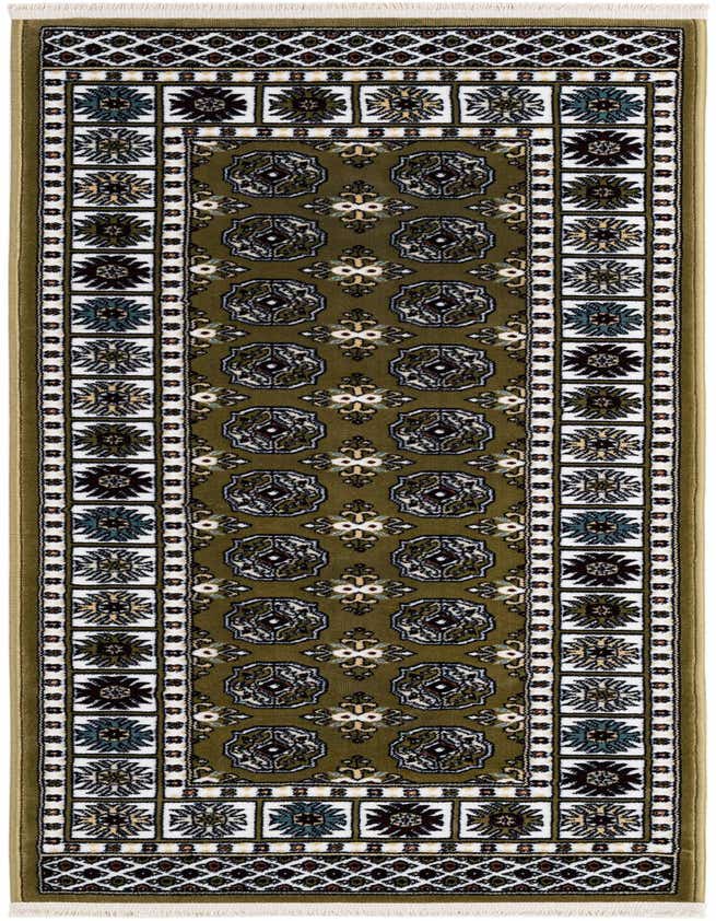 An olive green traditional runner rug with an intricate Oriental pattern and white fringe, perfect for a hallway.