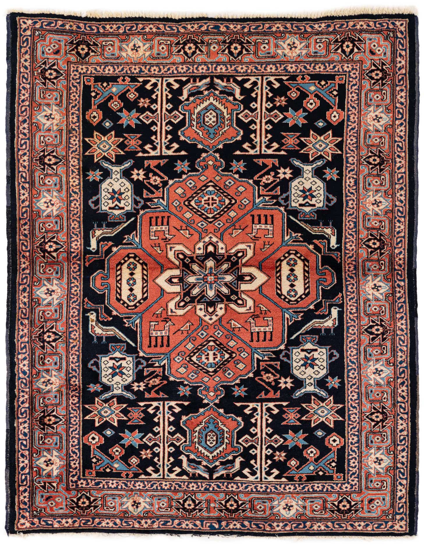 A 4x6 rectangular Anatolian wool rug featuring a traditional medallion pattern in green, rust, and blue tones.