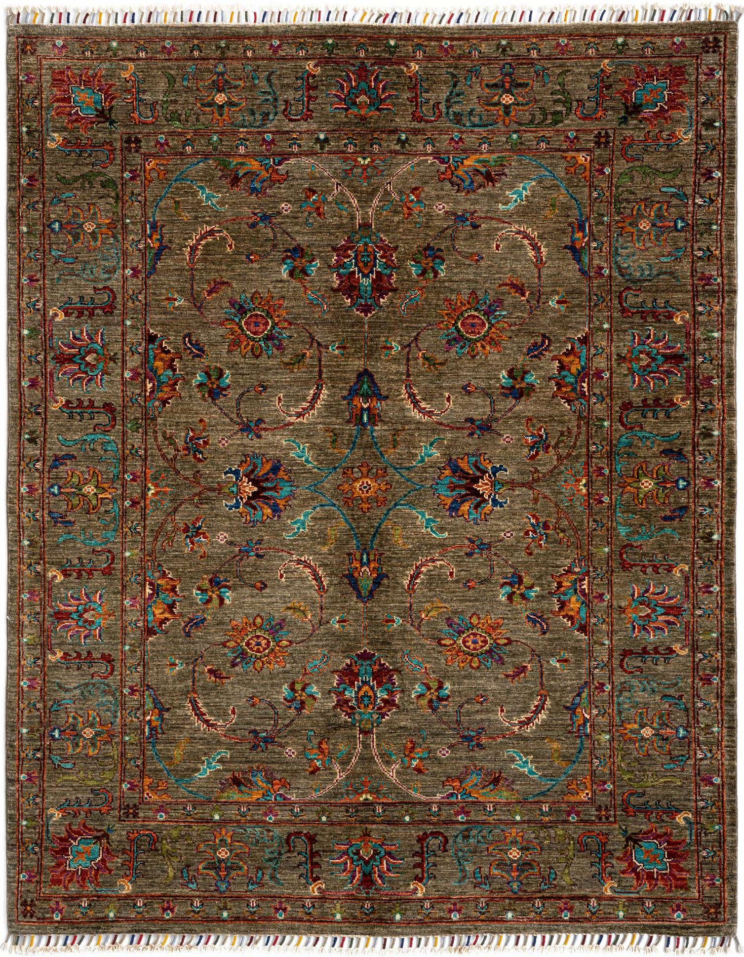A 4x6 rectangular green Persian rug with an intricate floral and vine pattern in teal, orange, red, and blue.
