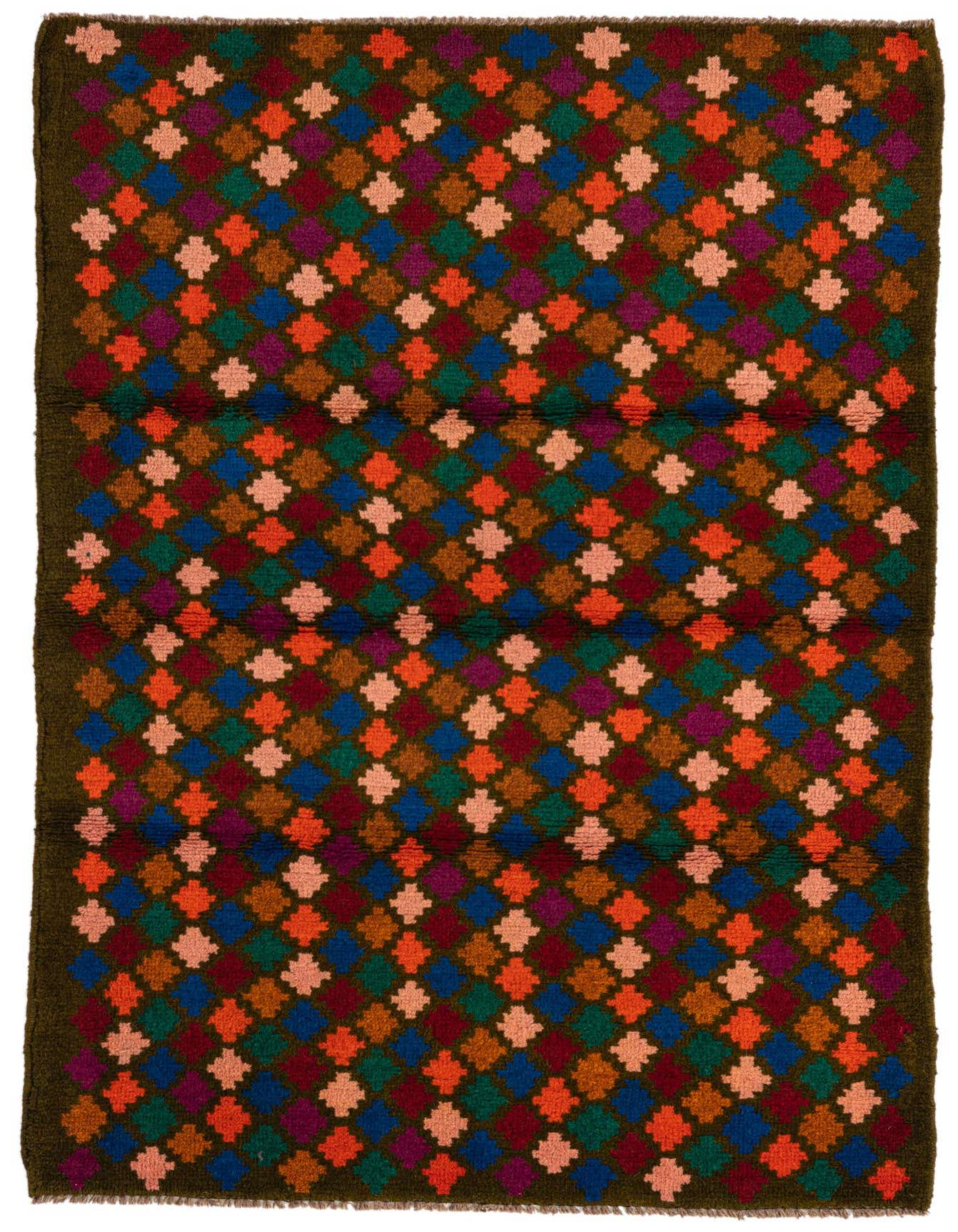 A 3x5 rectangular Balouch rug with a traditional tribal pattern of colorful diamonds in shades of green, blue, orange, red, and pink on a dark green background.
