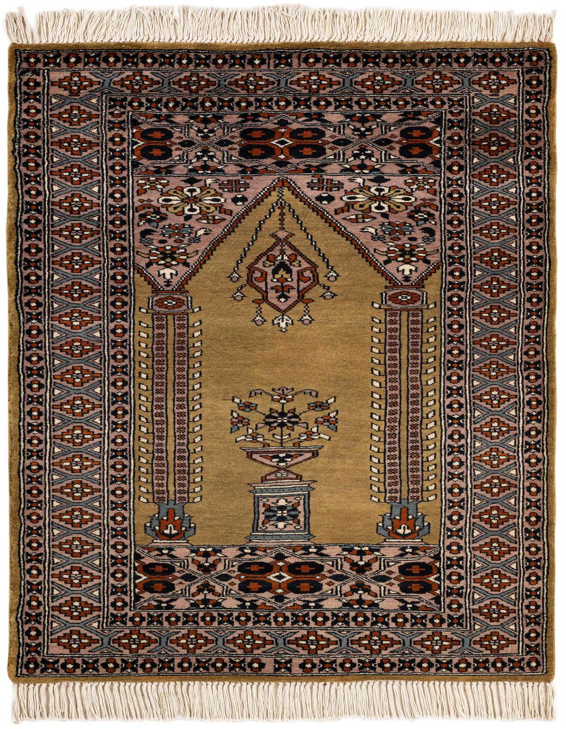 A 3x4 rectangular green tribal wool rug with a traditional medallion pattern and intricate border.