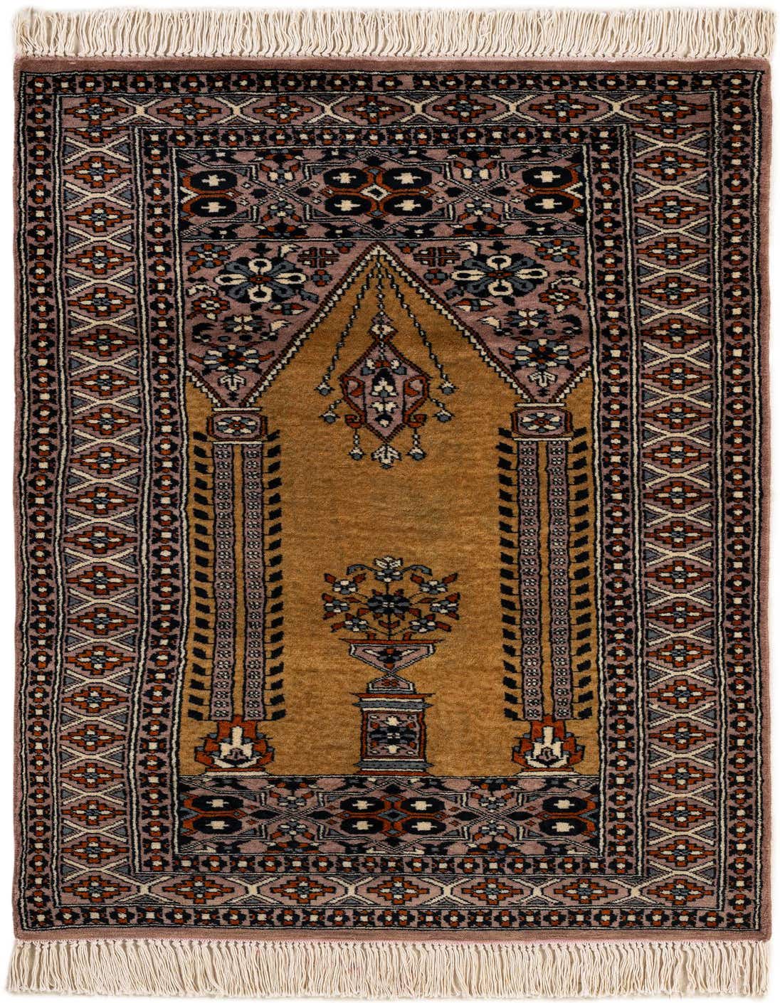 A 3x4 rectangular Bokhara wool rug featuring a traditional tribal medallion pattern in shades of green, brown, and muted pink, with white fringe.