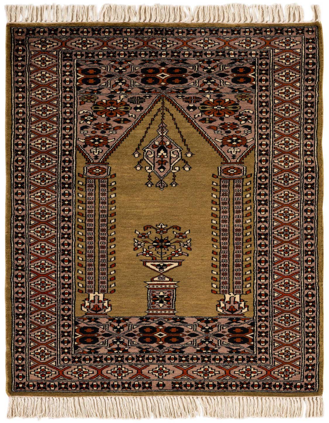 A 3x4 rectangular green tribal wool rug with a traditional medallion pattern and intricate borders, featuring white fringe.