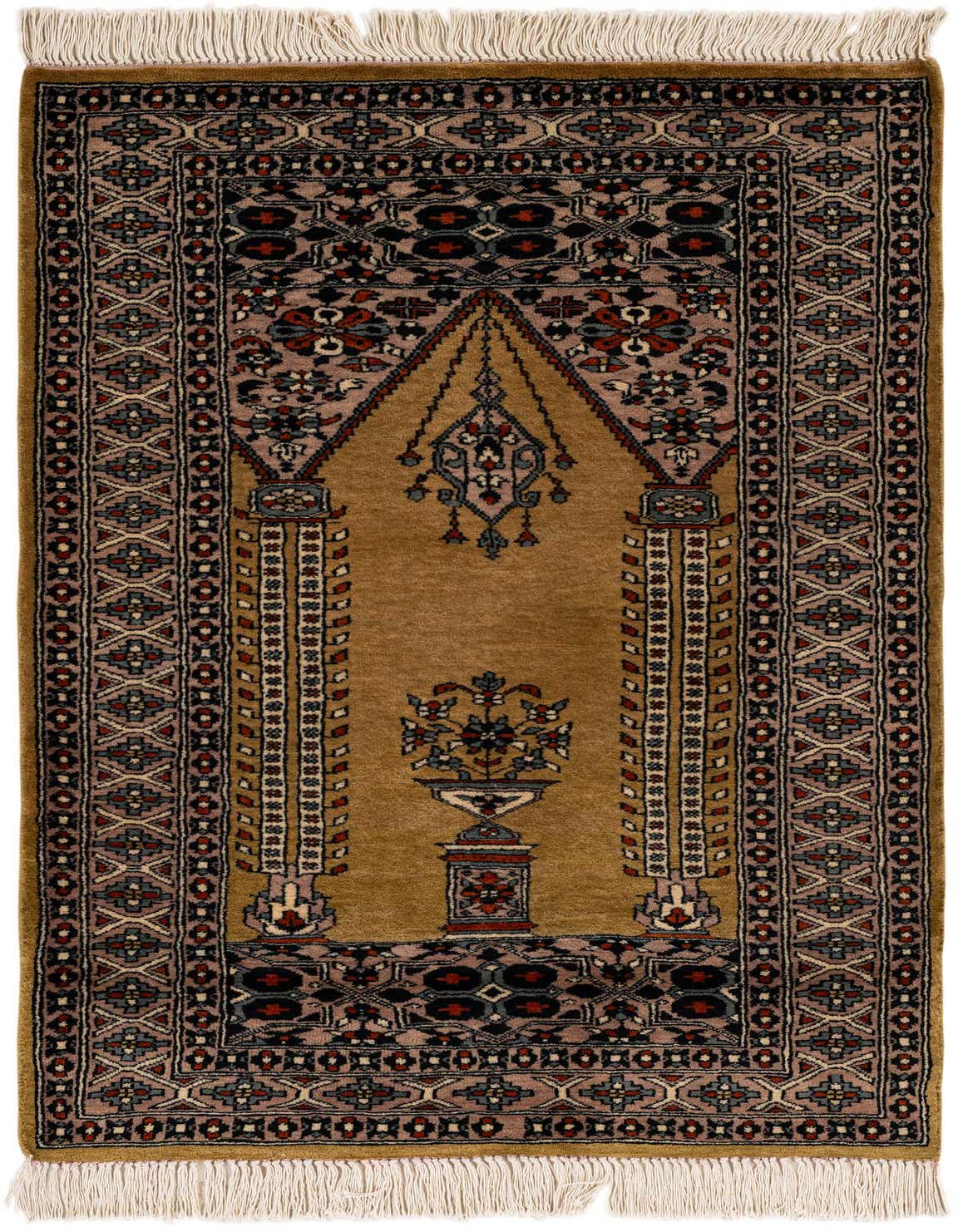 A 3x4 rectangular green tribal Bokhara wool rug with traditional Oriental patterns and fringe.