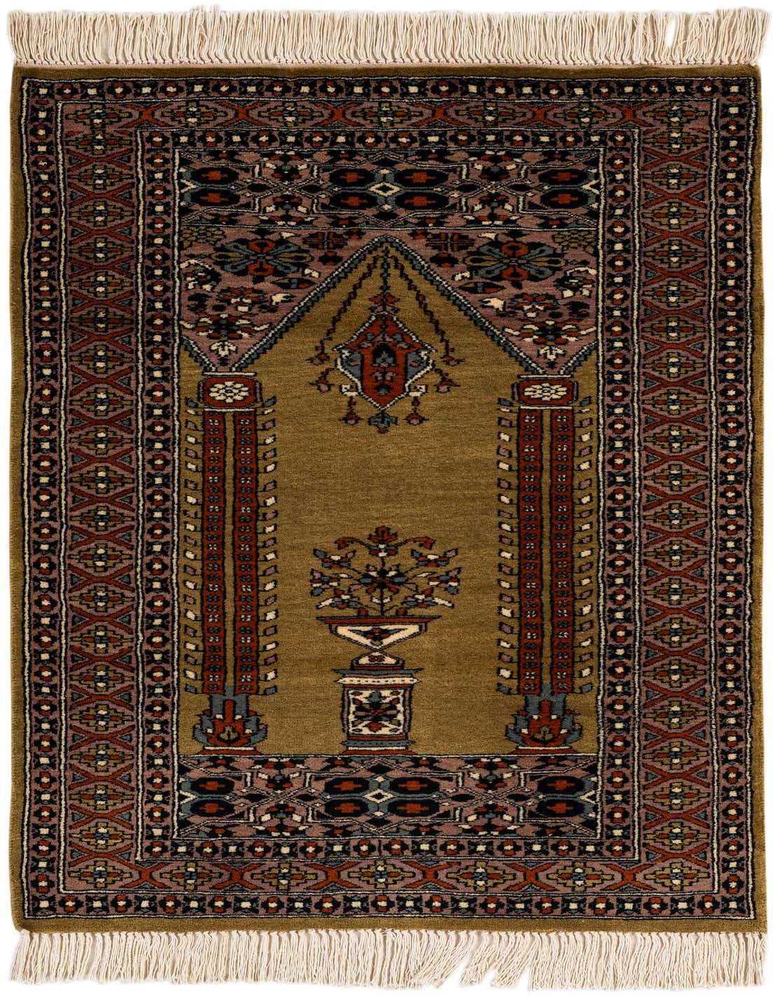 A 3x4 rectangular Bokhara wool rug with a green field, featuring traditional tribal and floral patterns in red, blue, and black, with white fringe.