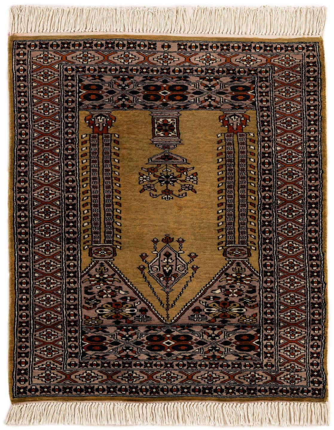 A 3x4 rectangular Bokhara rug with a central green field, intricate tribal and floral patterns in red, black, and cream, and white fringe.
