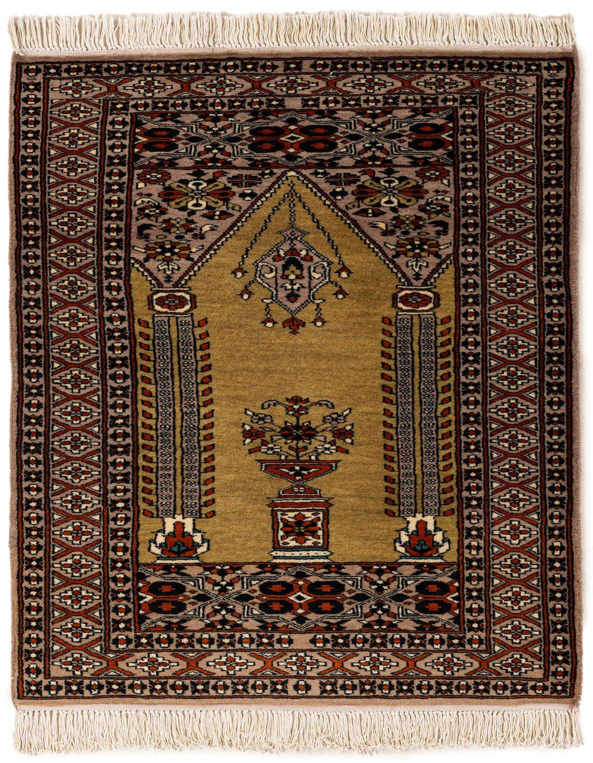 A 3x4 rectangular Bokhara rug featuring a green field with traditional tribal and floral patterns in red, black, and beige, with white fringe.