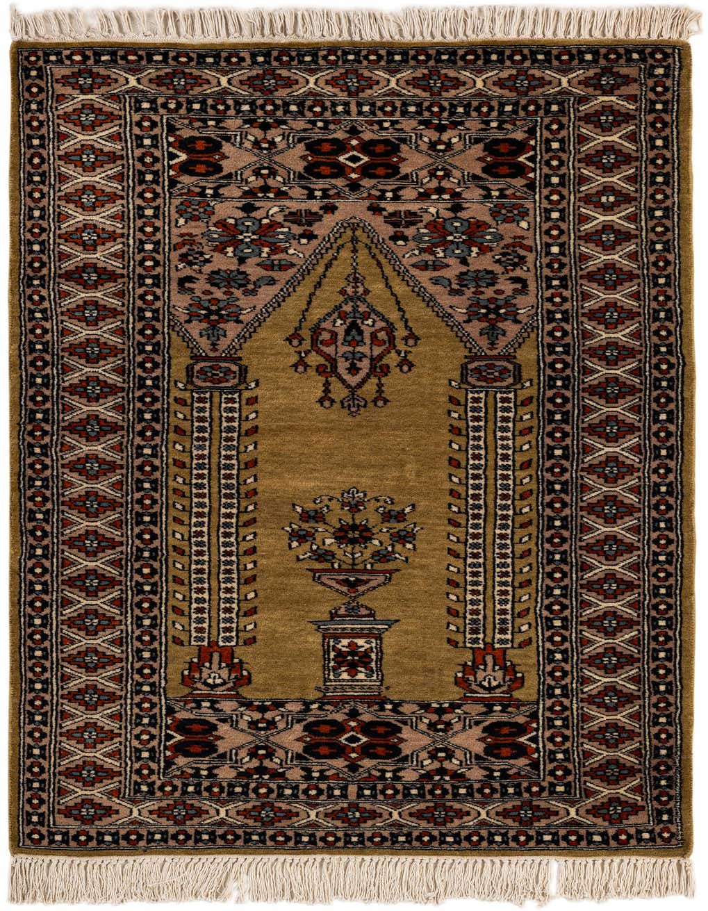 A 3x4 rectangular green Bokhara rug with a traditional tribal pattern featuring a central medallion and intricate borders, perfect for an indoor space.