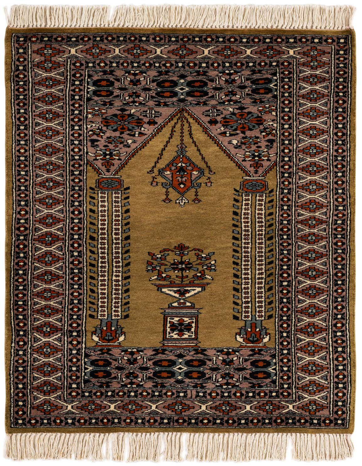 A 3x4 rectangular green tribal wool rug with intricate traditional Oriental patterns and white fringe.