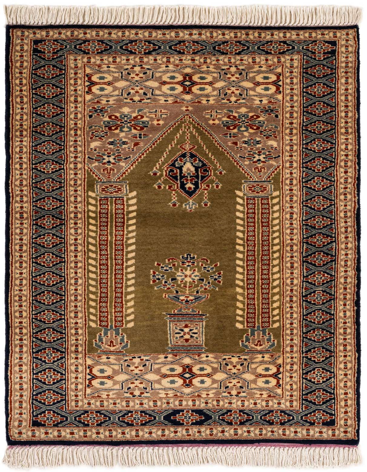 A 3x4 rectangular Bokhara rug featuring a green field with traditional tribal and floral patterns, bordered by intricate designs in beige, red, and navy.