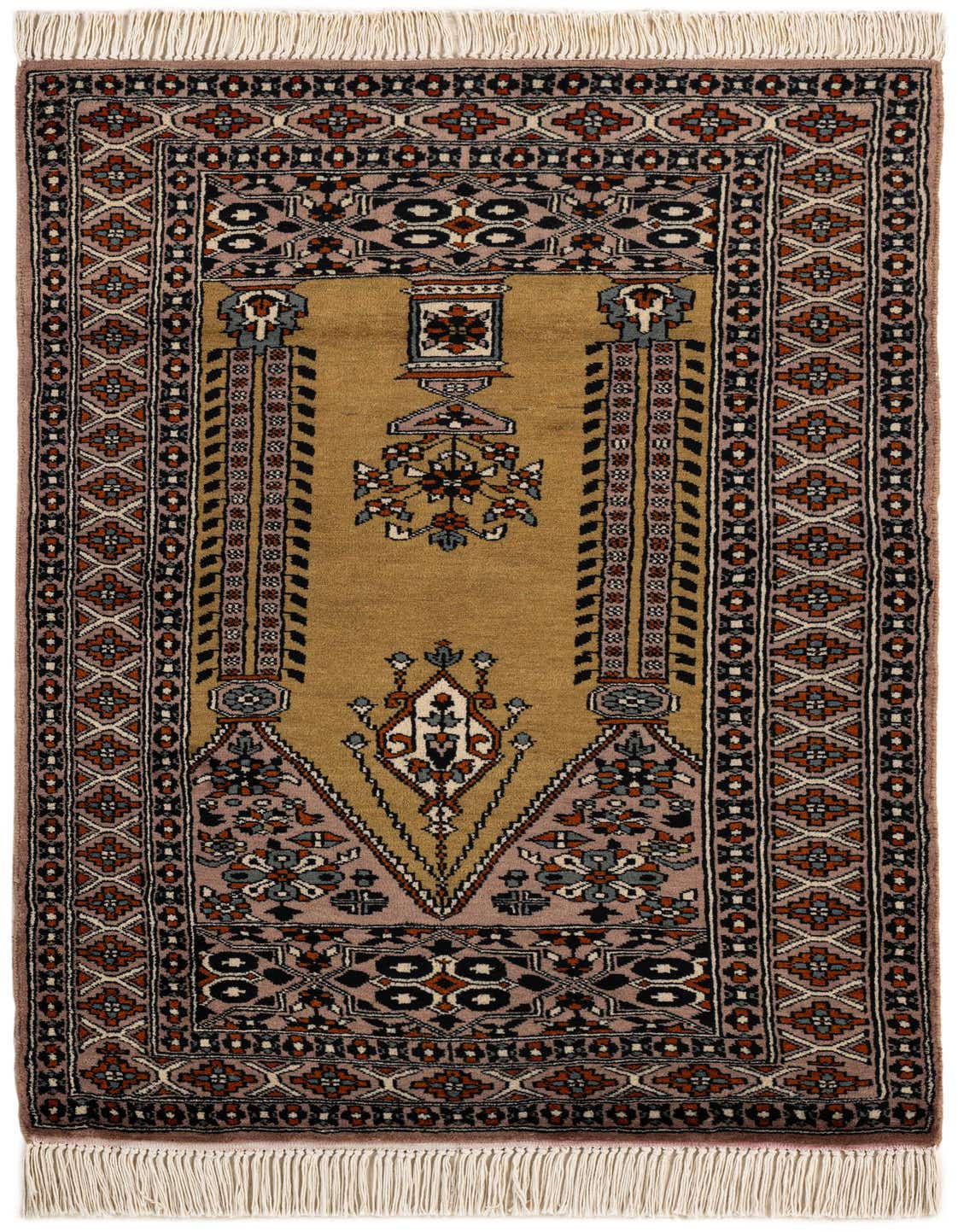 A 3x4 rectangular Bokhara rug featuring a traditional tribal pattern in shades of green, black, and red with white fringe.