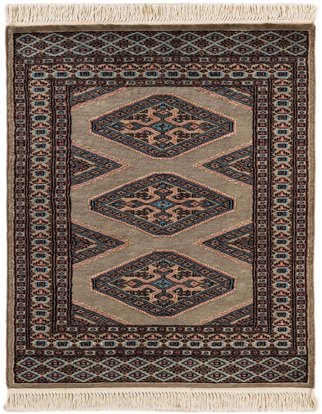 A 3x4 rectangular green Bokhara rug with a traditional tribal pattern featuring intricate diamond motifs in blue, pink, and black, with white fringe.