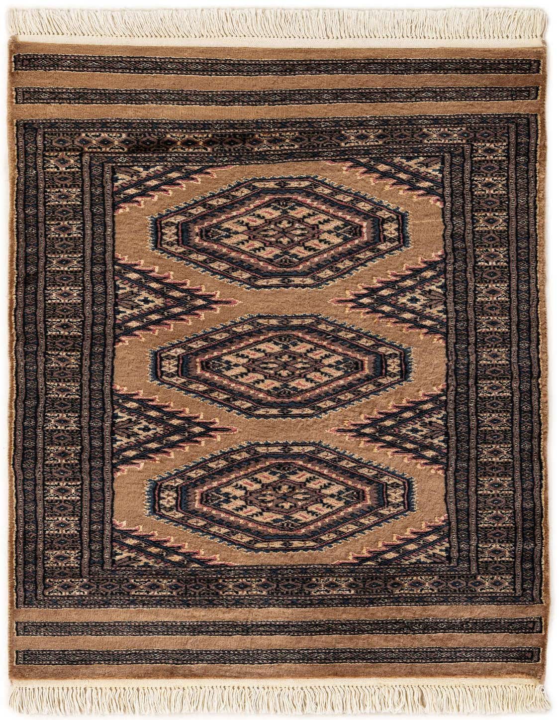 A 3x4 rectangular Bokhara rug featuring a green tribal medallion pattern with dark borders and white fringe.