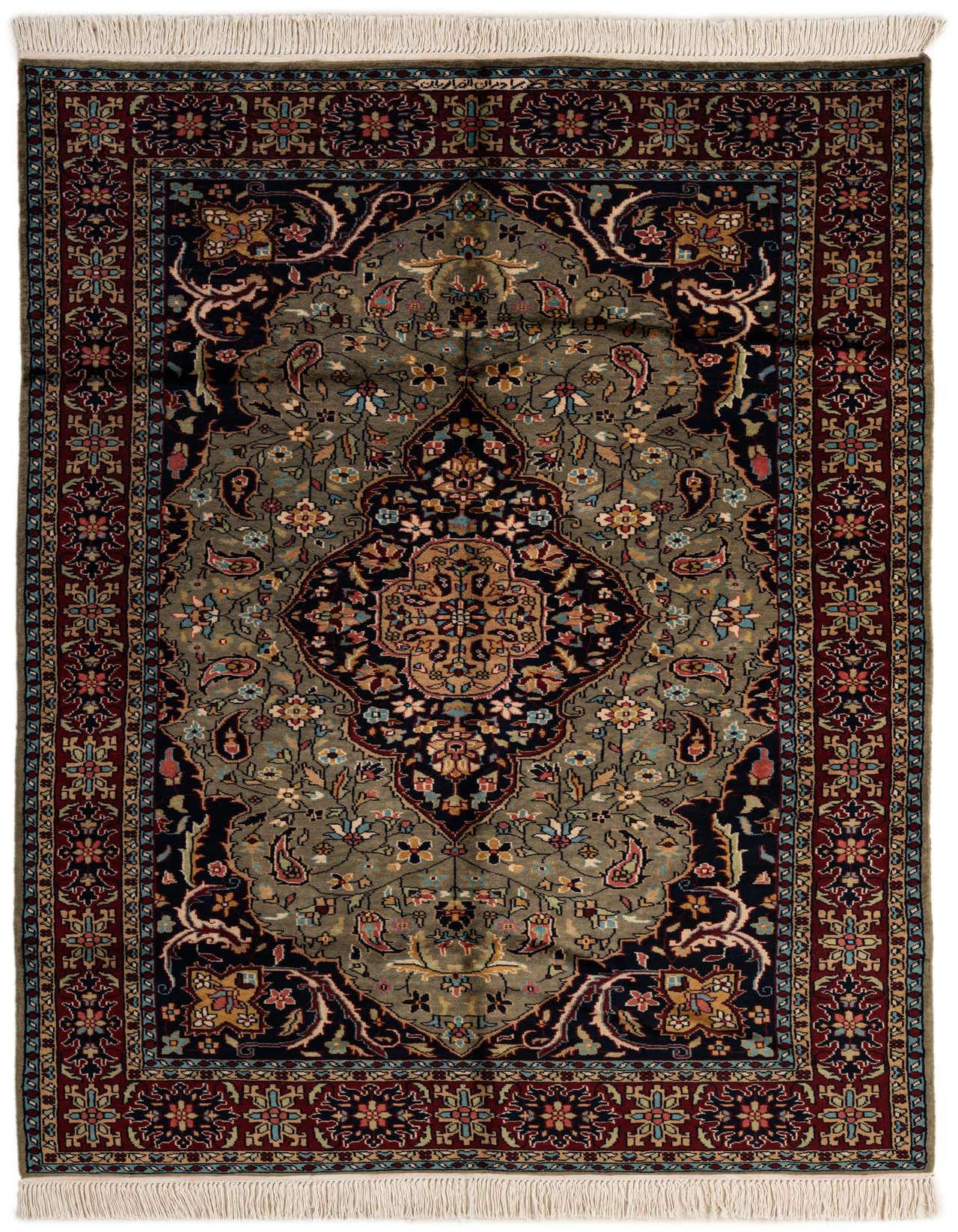 A 5x8 rectangular Bokhara rug with a traditional medallion pattern in shades of green, navy, and red, featuring intricate floral and paisley motifs.