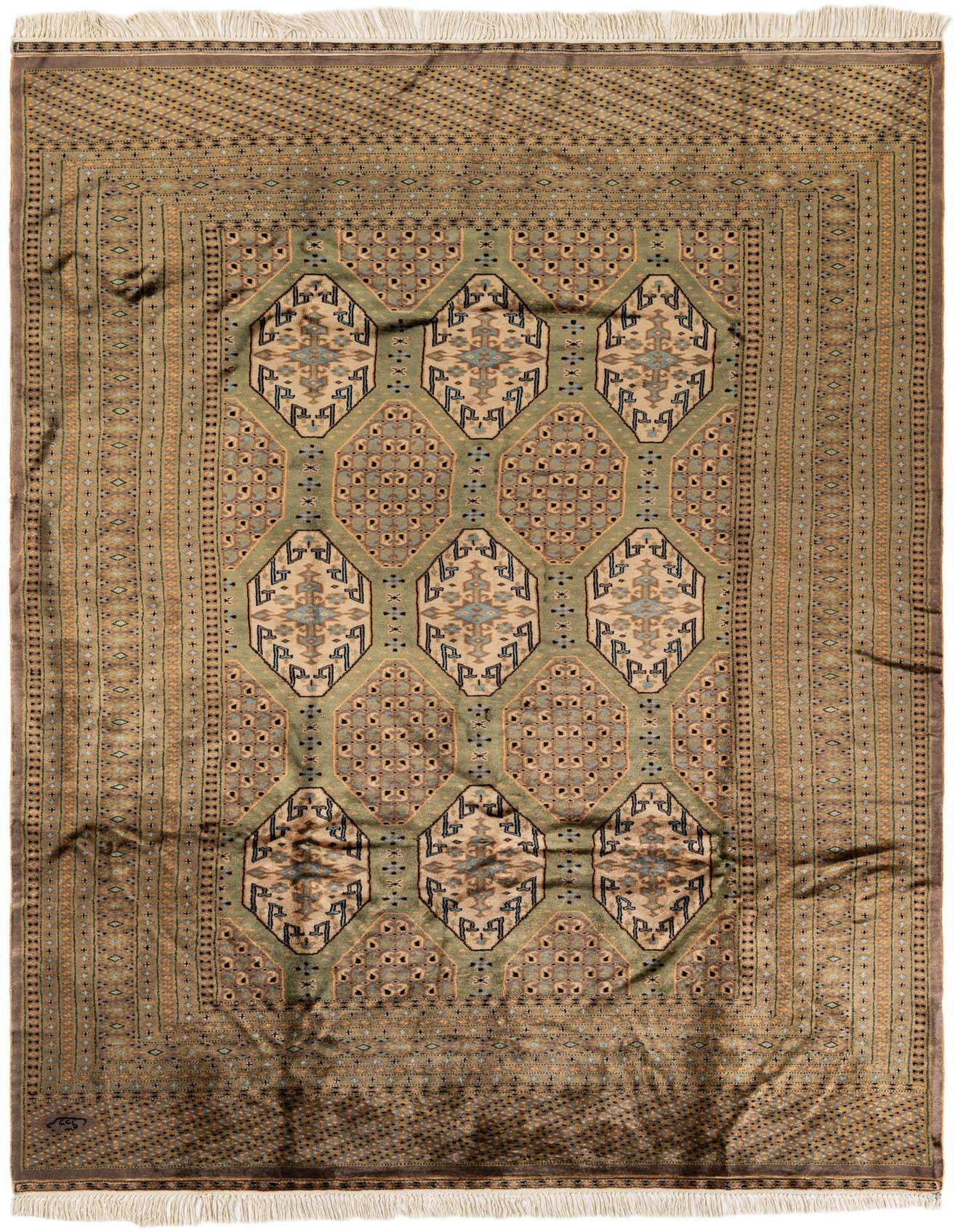 A 6x9 rectangular Bokhara rug featuring a traditional tribal pattern in various shades of green, beige, and brown, with intricate geometric motifs and short fringes.