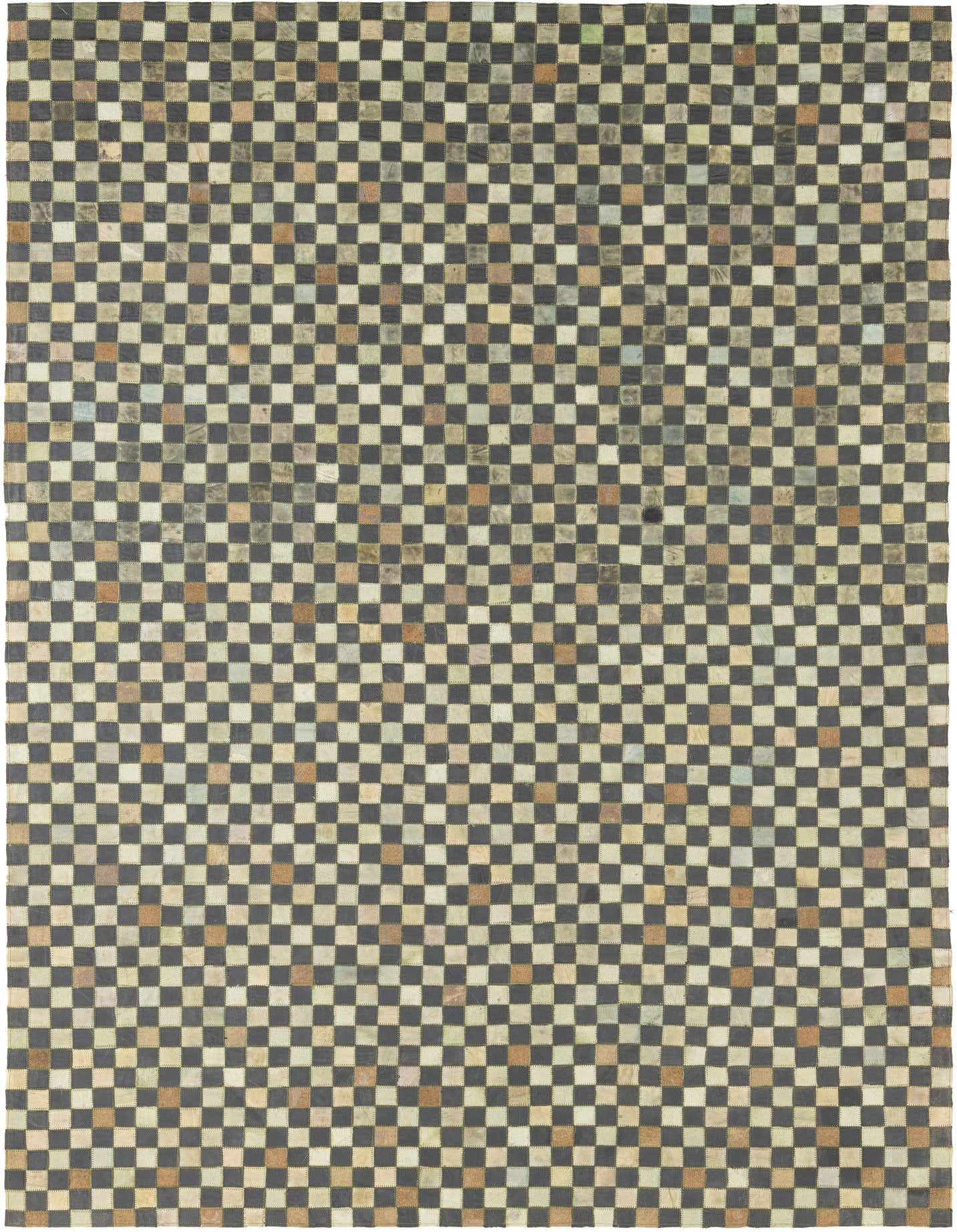A 5x8 rectangular Cowhide Leather rug featuring a modern checkered pattern in varying shades of green, black, and tan.