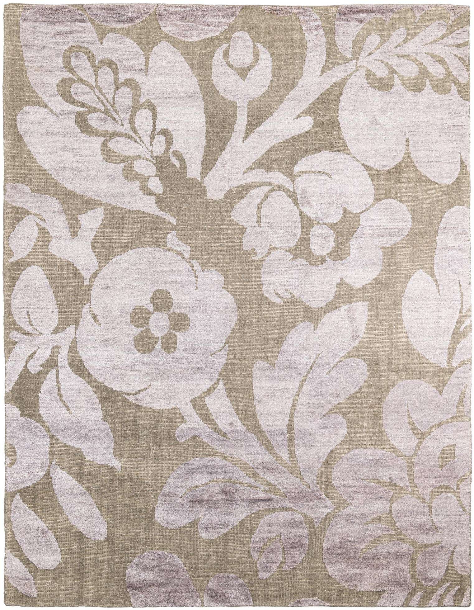 A 7x10 rectangular green modern rug with a large-scale floral pattern in lighter green and subtle purple tones.