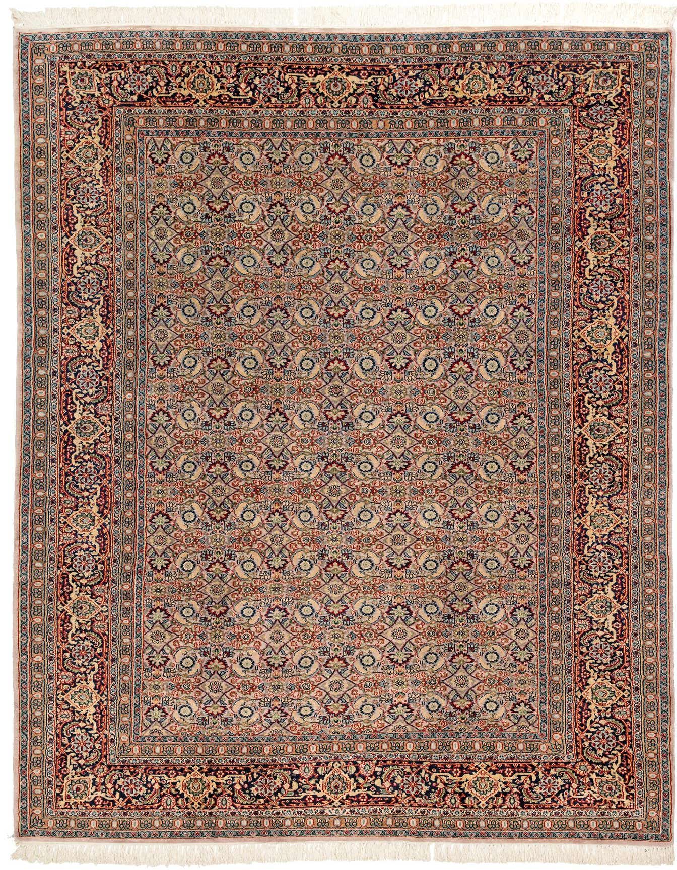 A 7x10 rectangular Farahan rug featuring a traditional Oriental pattern in greens, reds, and blues on a light background, with a detailed border.