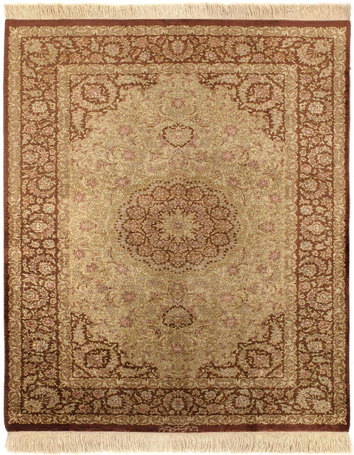 A rectangular 3x4 Ghom Silk Persian rug in shades of green and brown with intricate floral patterns and a central medallion.