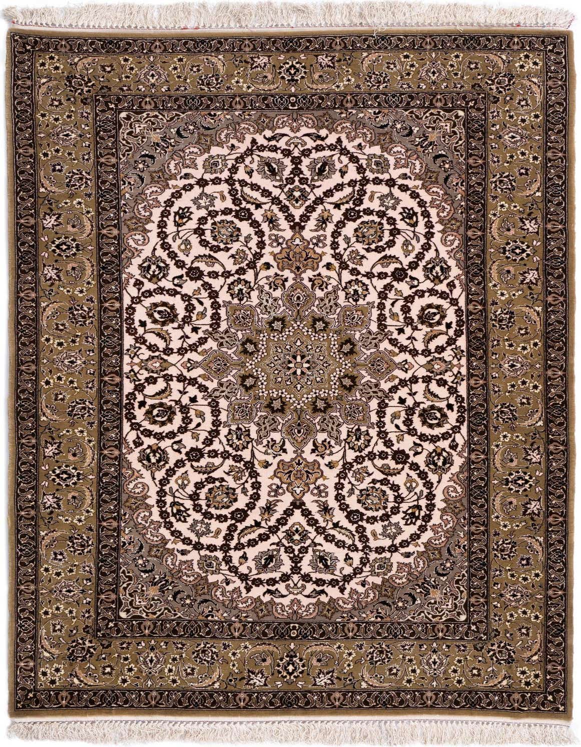 A 3x5 rectangular Isfahan Persian rug with a light center medallion and intricate floral patterns in greens and browns, surrounded by a dark green border.
