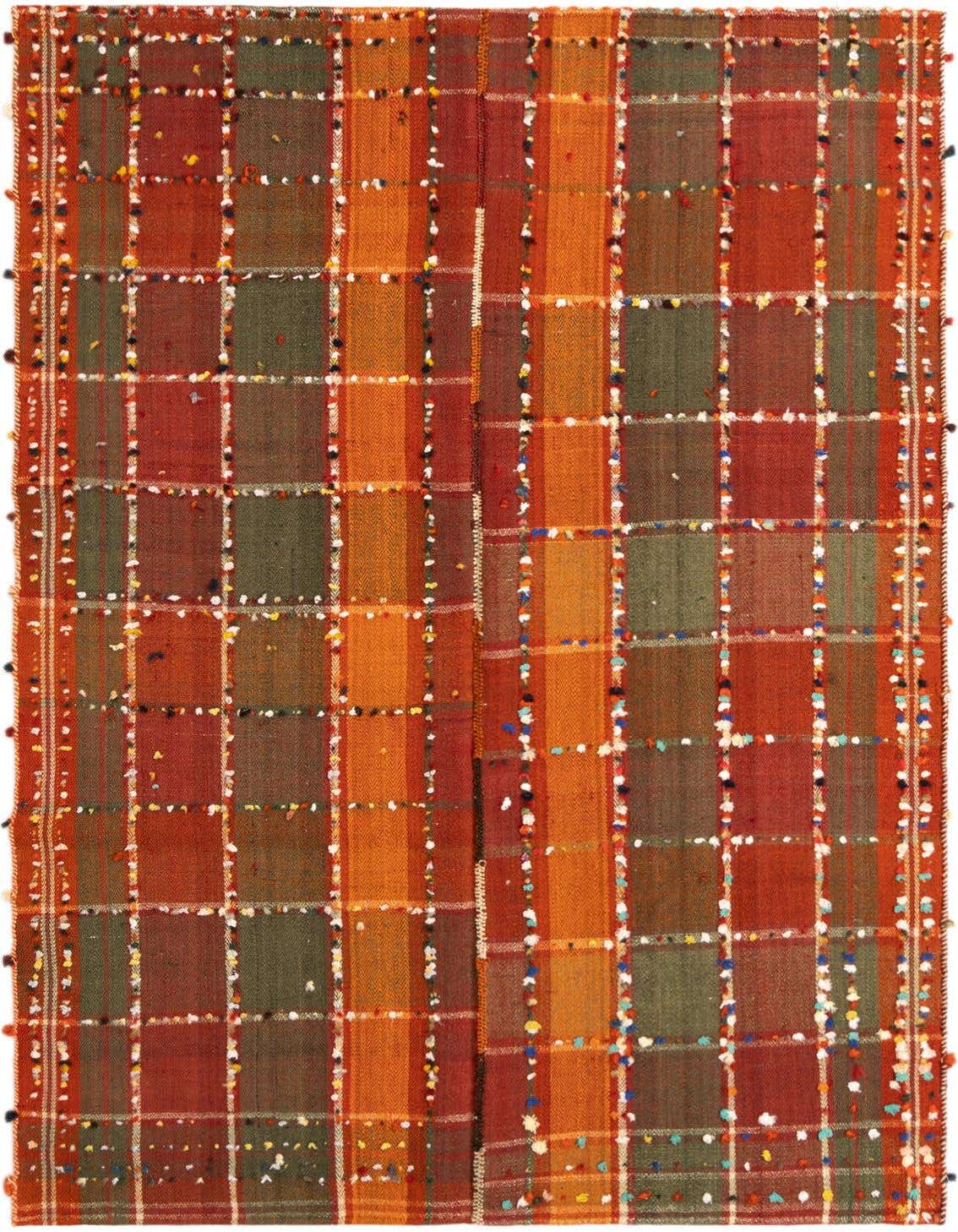 A 4x6 rectangular Jajim rug featuring a vibrant plaid pattern in shades of green, orange, and red with colorful textured accents.