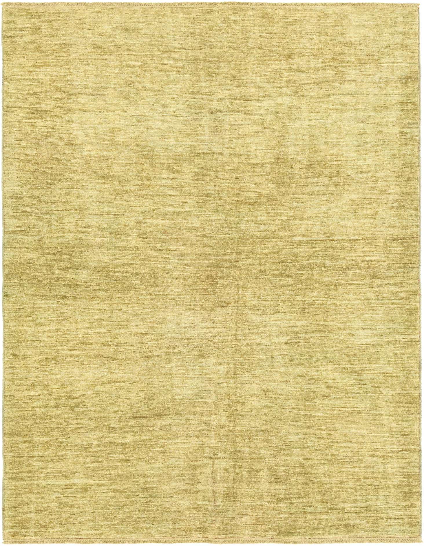 A 6x9 rectangular Kashkuli Gabbeh rug in varying shades of green, featuring a modern, textured wool pile.