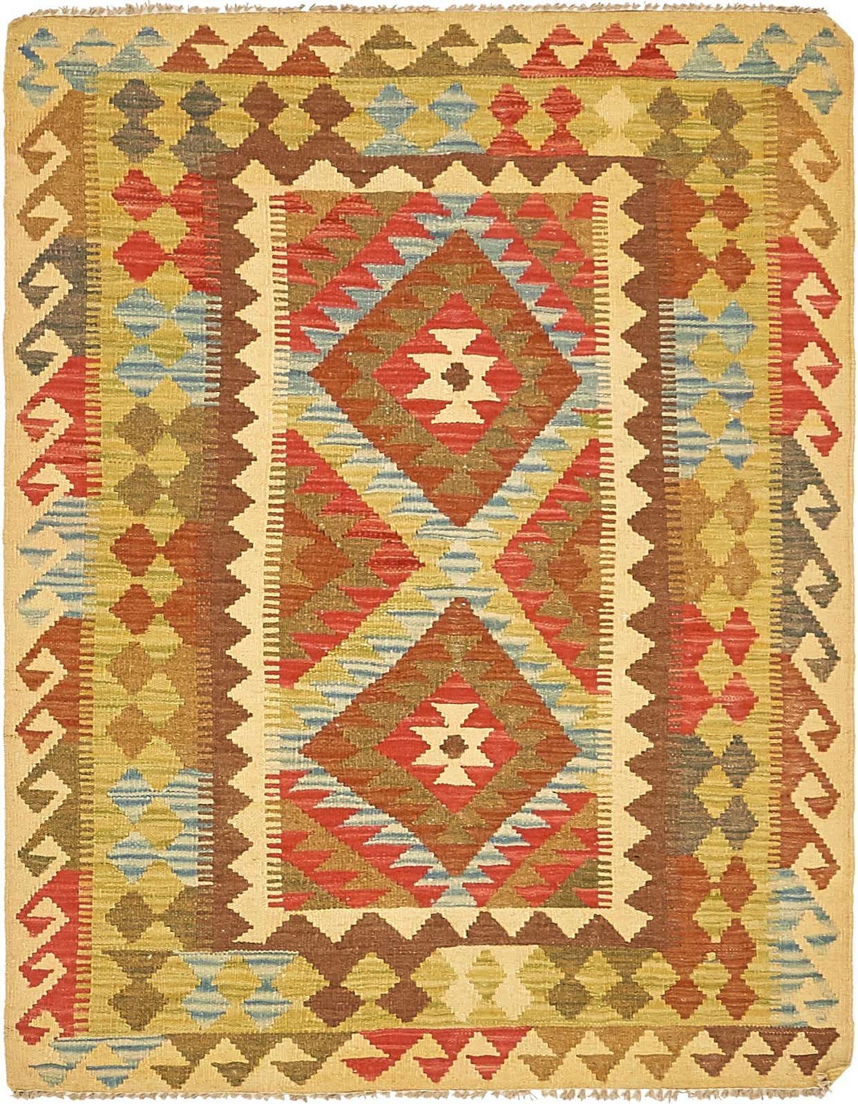 A 3x5 rectangular Kilim Maymana rug with a tribal medallion pattern in green, red, blue, and brown tones.