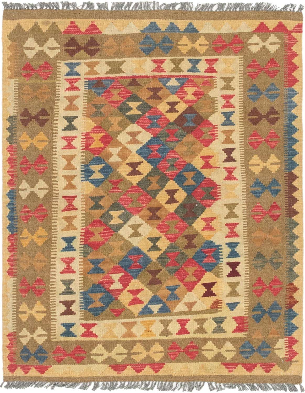 A 3x5 rectangular Kilim Maymana rug with a tribal, oriental pattern in shades of green, red, blue, and gold.