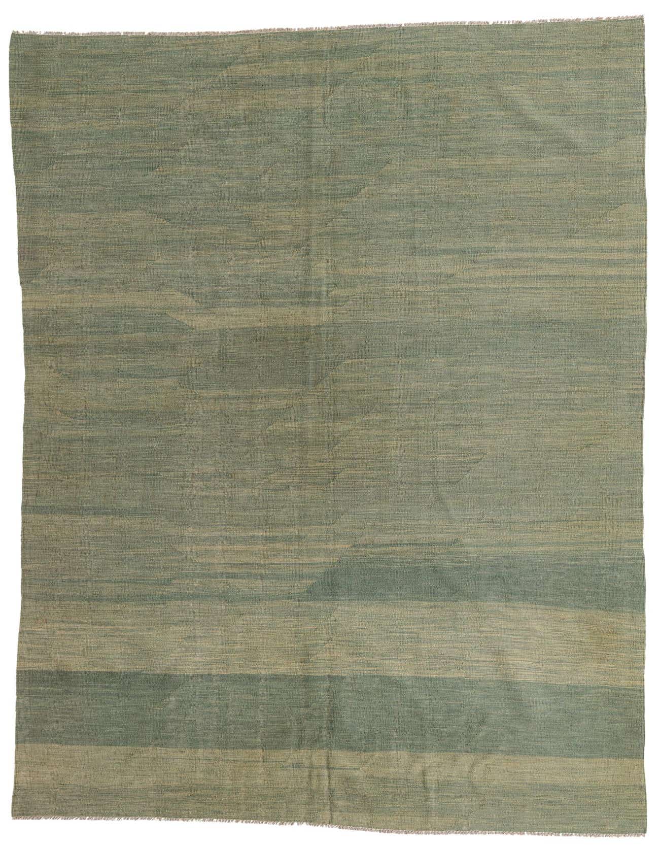 A 6x9 rectangular flatweave rug in varying shades of green, featuring subtle horizontal stripes and a Southwestern-inspired texture.