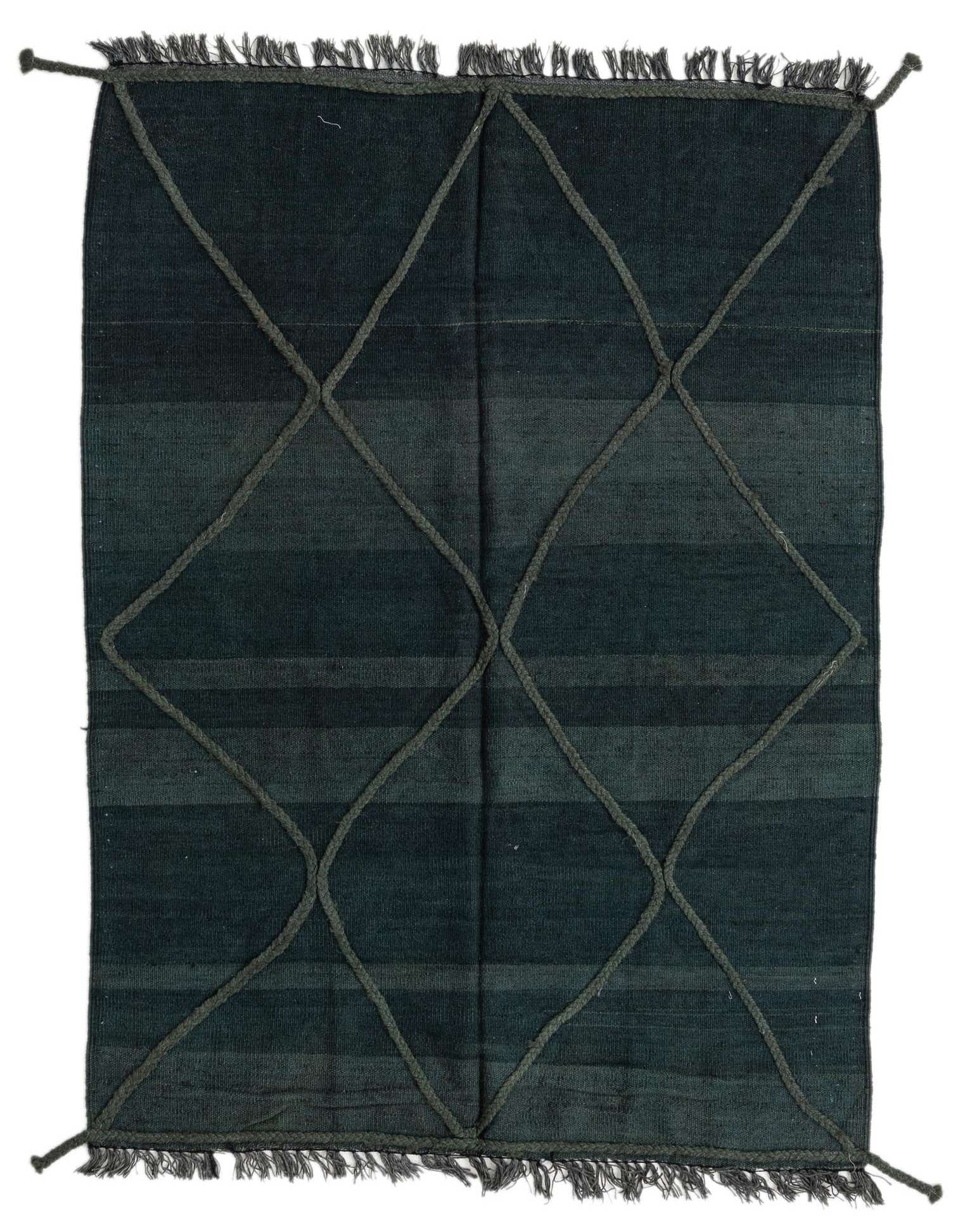 A 4x6 rectangular green flatweave wool rug with horizontal stripes and a raised diamond trellis pattern, featuring short fringe.