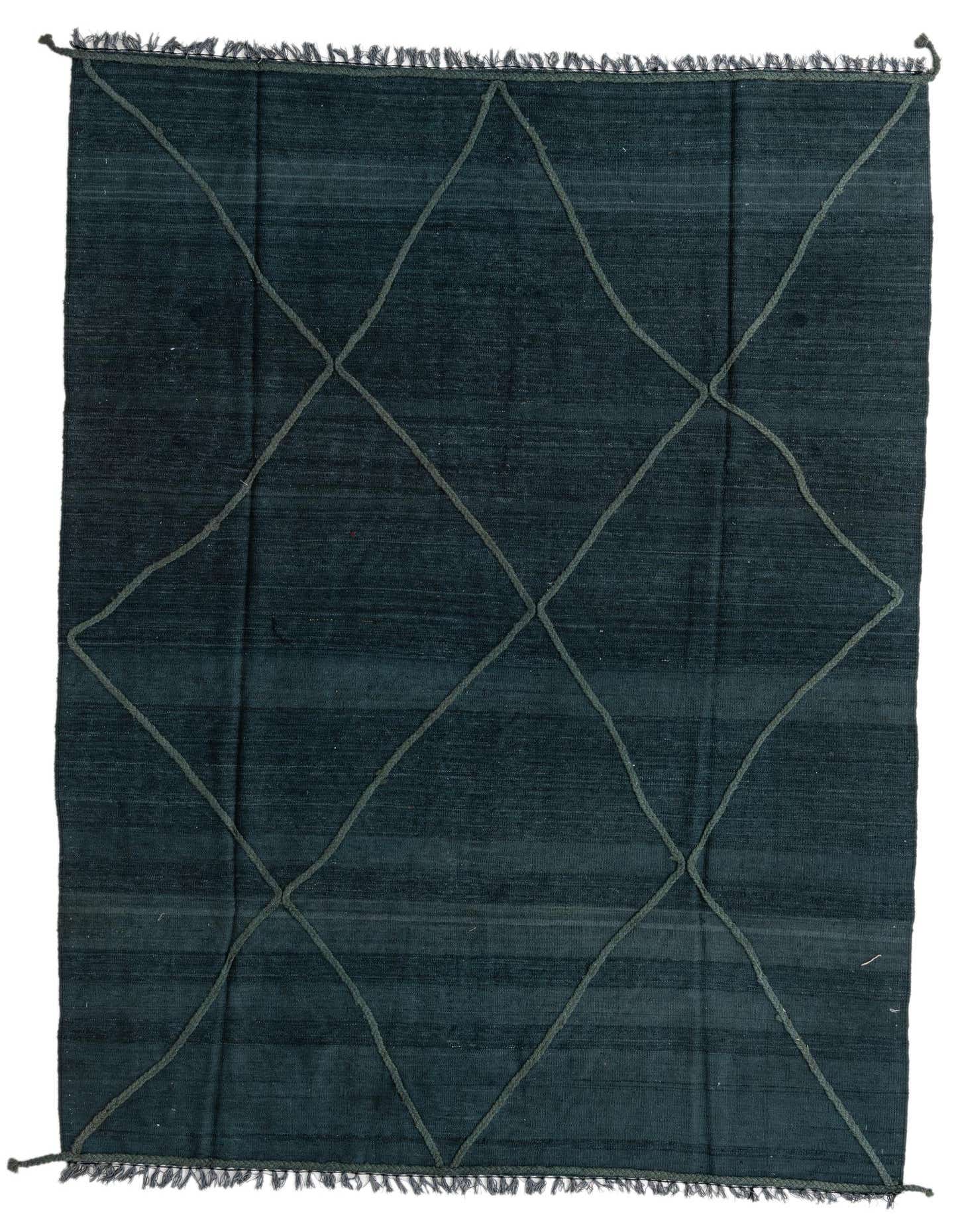 A 7x10 rectangular green Kilim Modern wool rug featuring a textured diamond pattern and fringed edges.