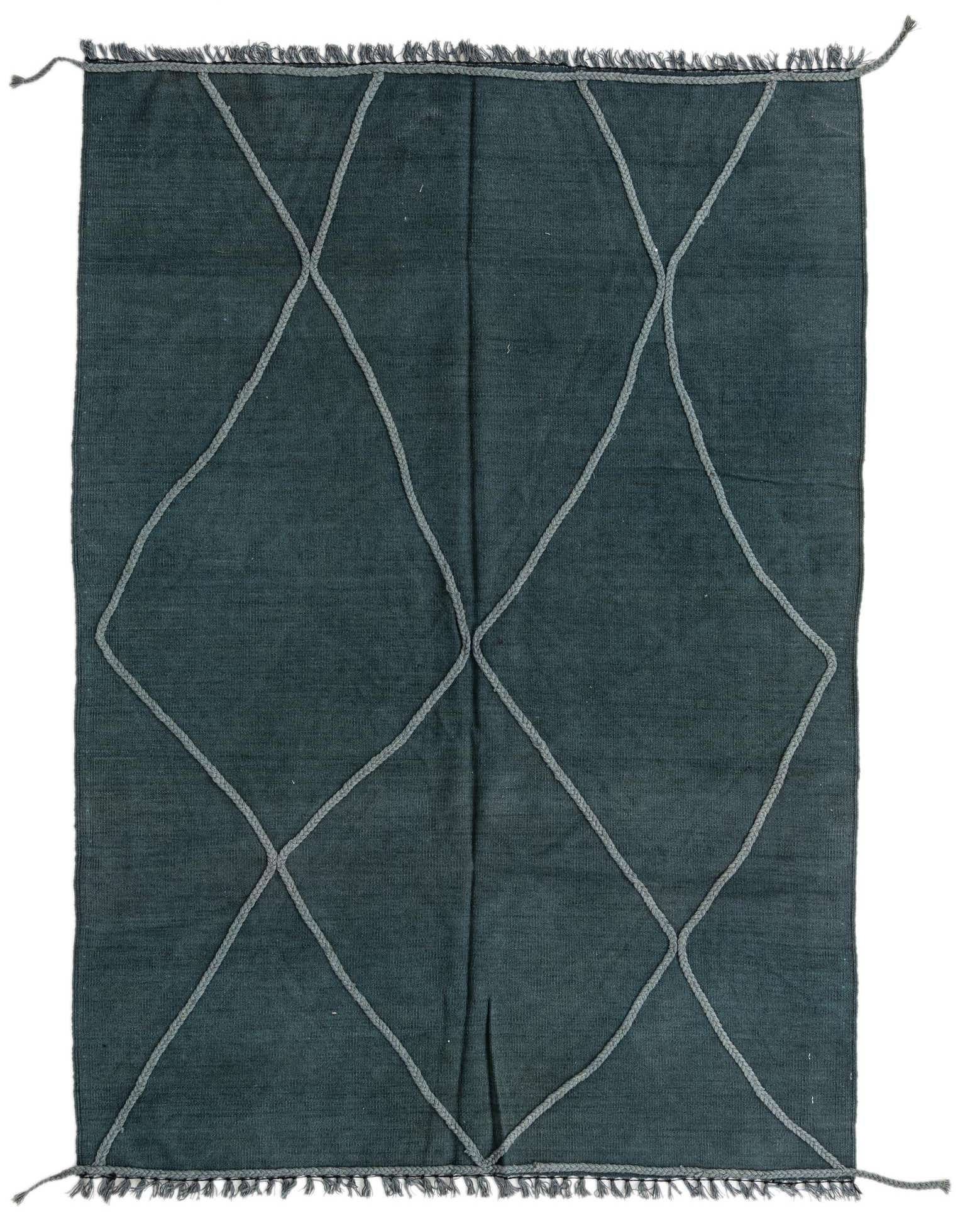 A 4x6 rectangular green flatweave wool rug with a raised gray diamond pattern and fringed edges.