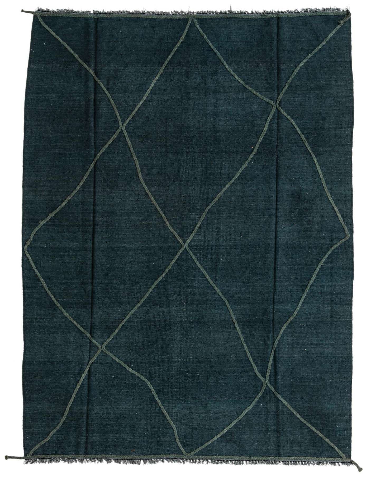 A 7x10 rectangular green flatweave wool rug with a subtle tribal diamond pattern, perfect for a living room.