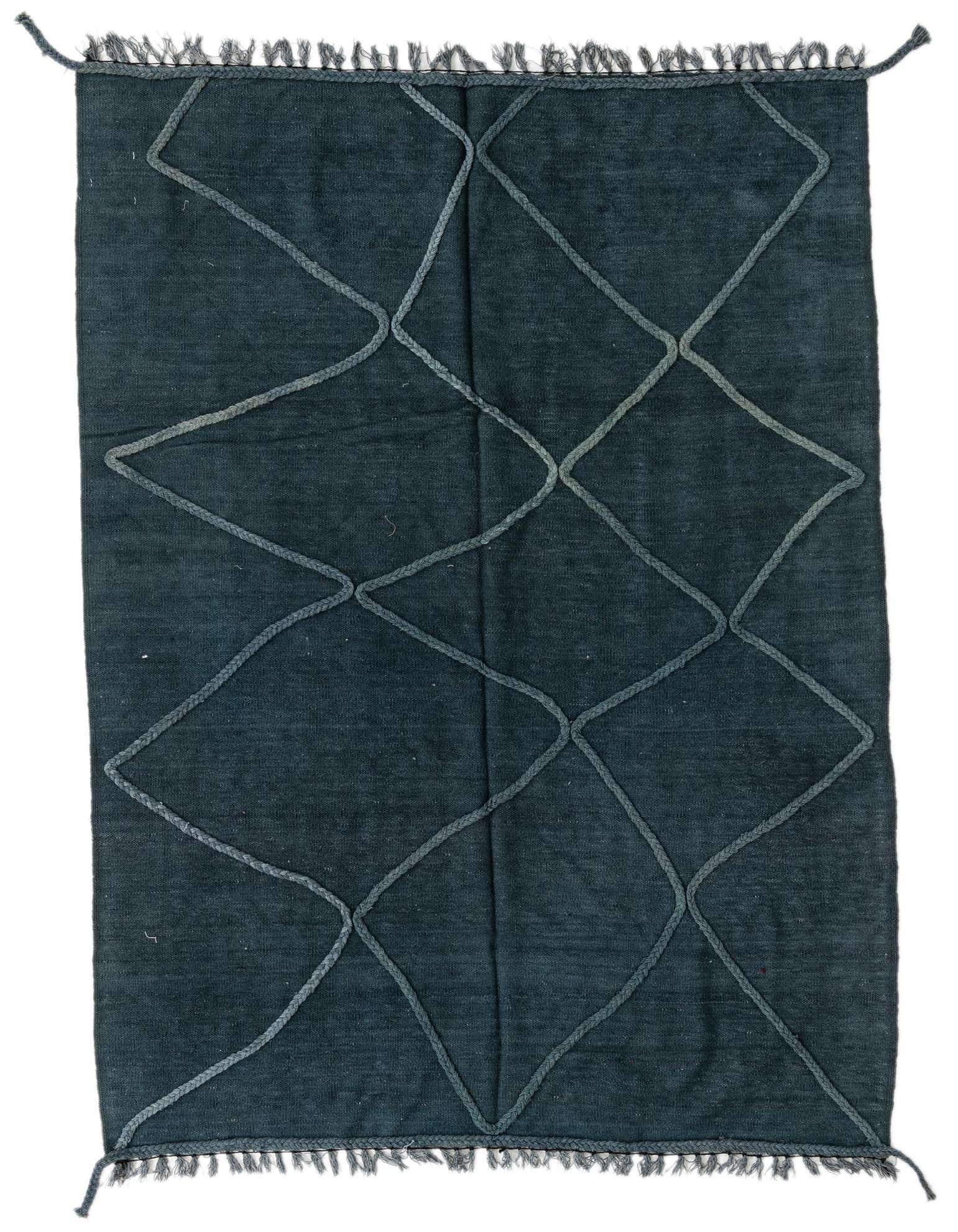 A 4x6 rectangular green flatweave wool rug with a raised geometric diamond pattern and fringed edges.