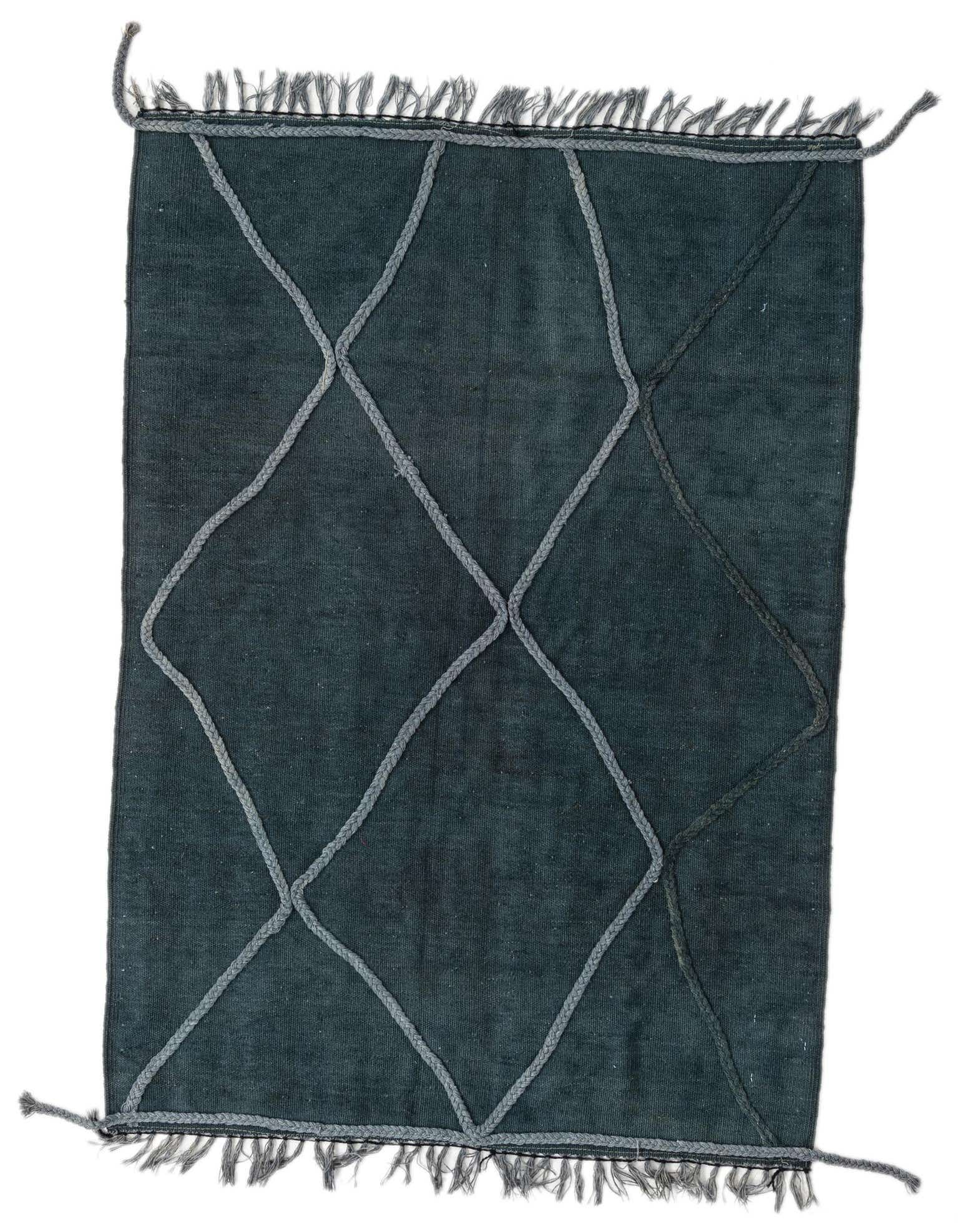 A 3x5 rectangular green wool Kilim Modern rug with a grey braided diamond pattern and fringed ends.
