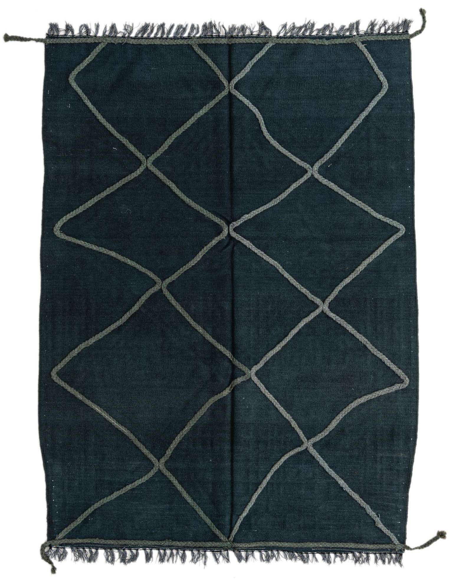 A 4x6 rectangular green flatweave rug with a raised diamond pattern in a slightly lighter green, featuring fringed ends.