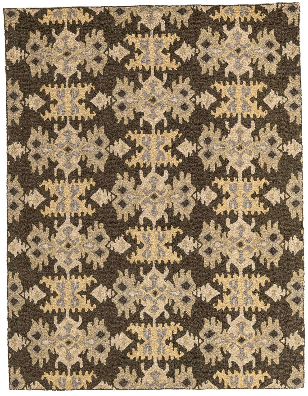 A 5x8 rectangular Luna Collection rug featuring a modern abstract pattern in shades of green, tan, and light grey.