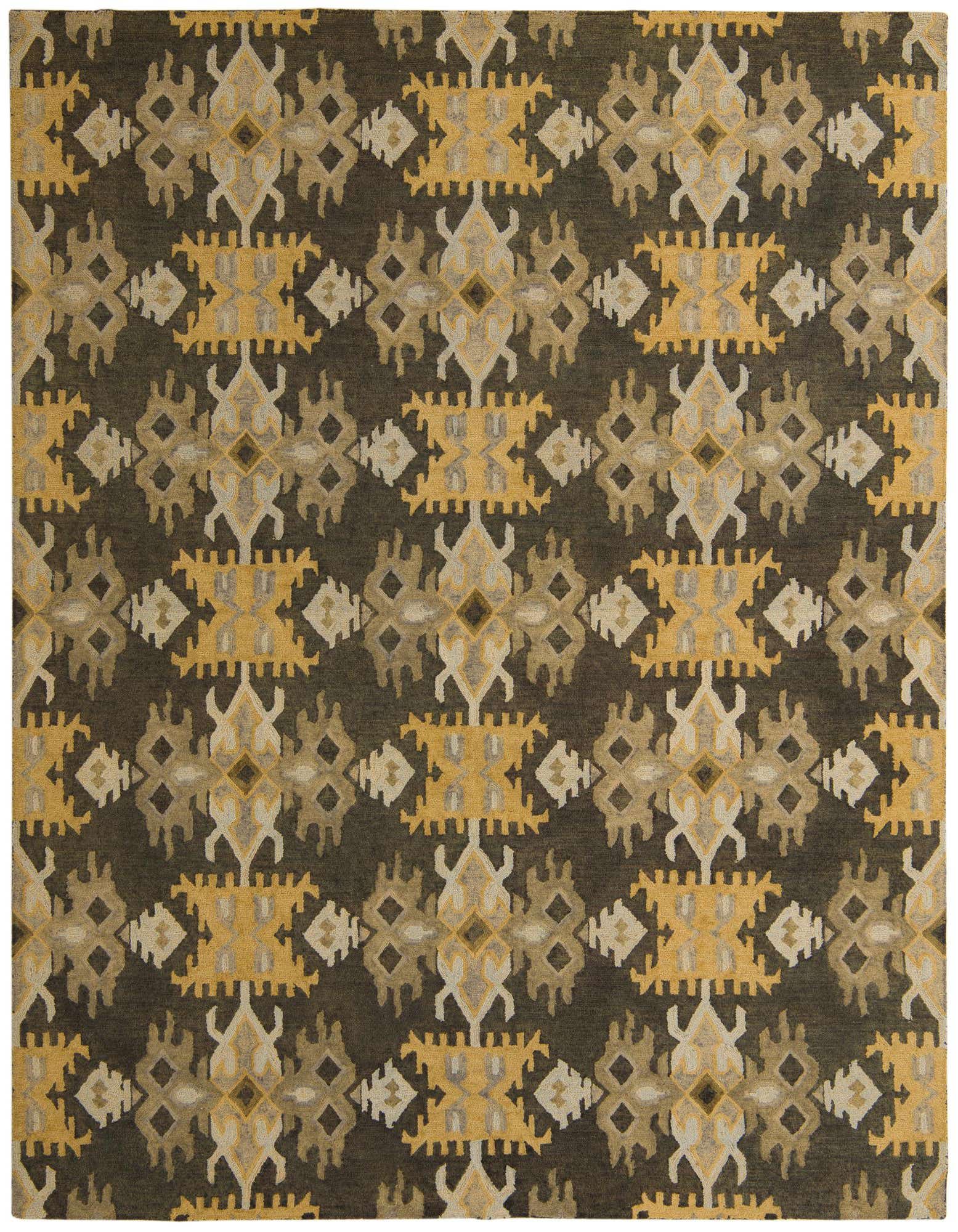 A rectangular 8x10 Luna rug featuring a repeating geometric pattern in shades of green, gold, and beige on a dark green background.