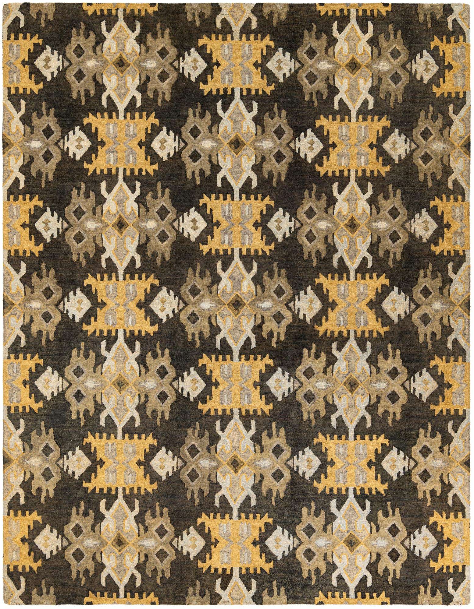 A rectangular 8x10 modern wool and cotton rug with a high pile, featuring a geometric pattern in shades of green, gold, and cream on a dark green background.