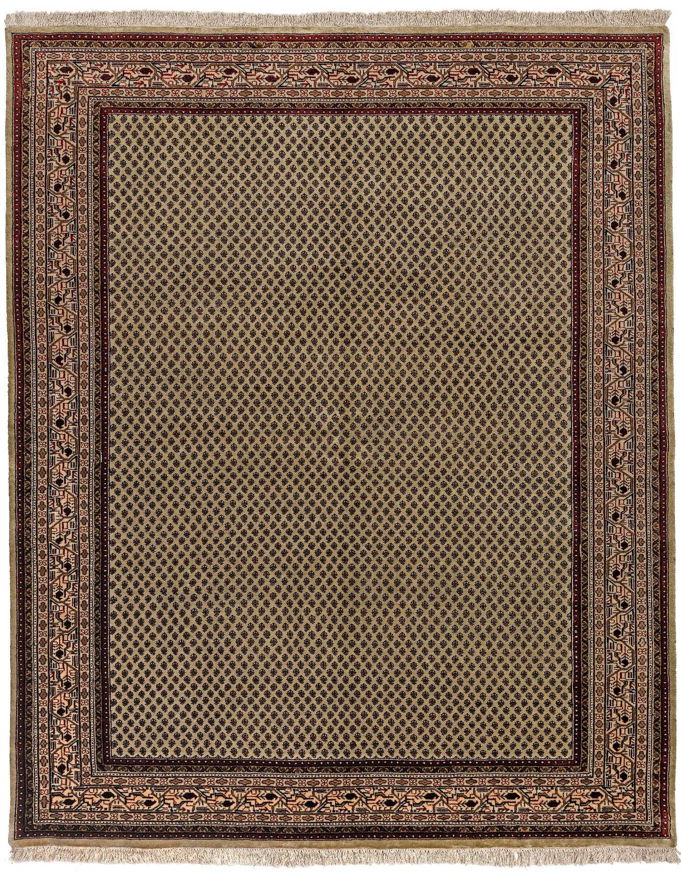 A 5x8 rectangular Mir collection rug in green with a repeating small diamond pattern and an ornate oriental border.