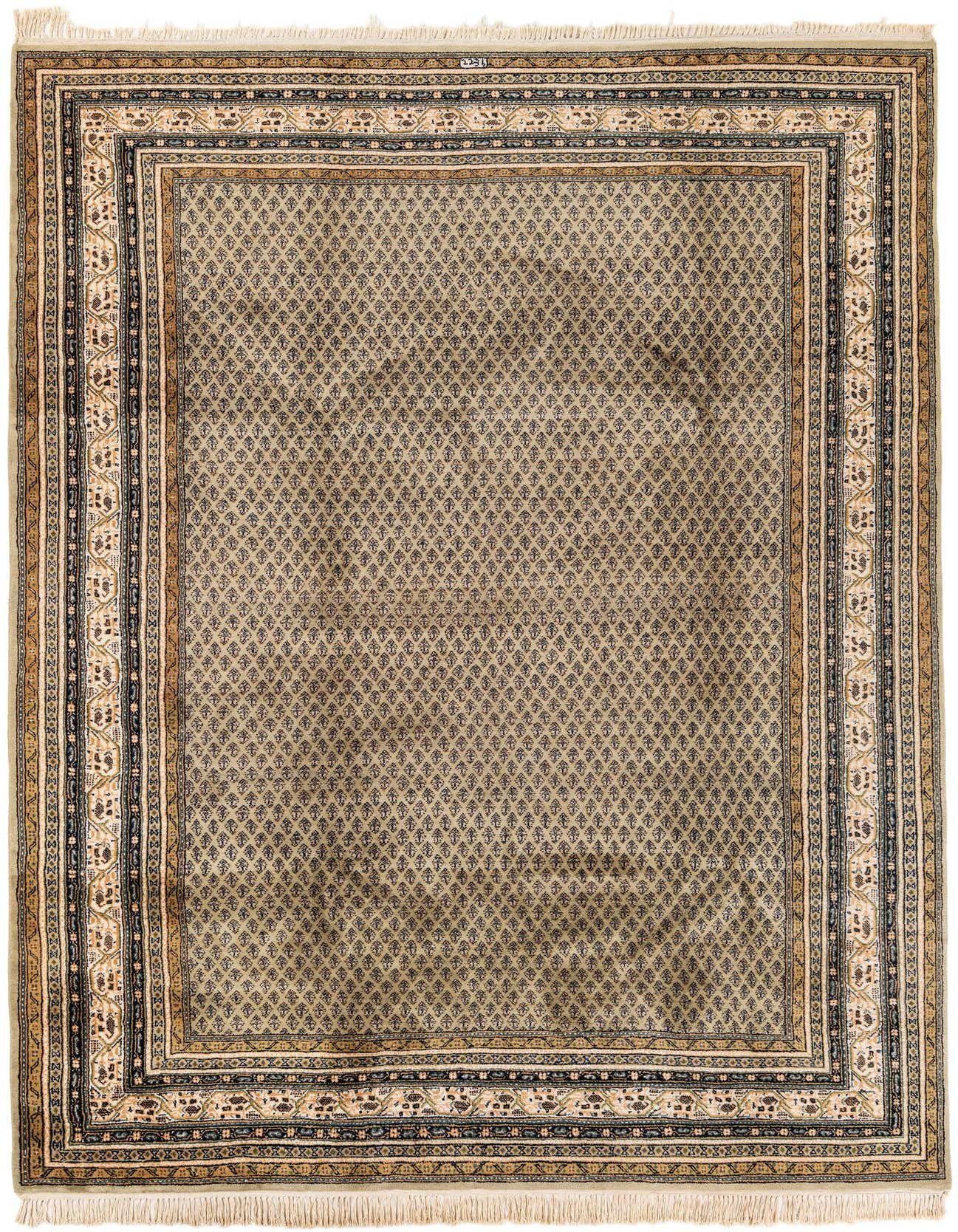 A 7x10 rectangular green traditional Oriental wool rug with a detailed border and fringe, suitable for a living room.